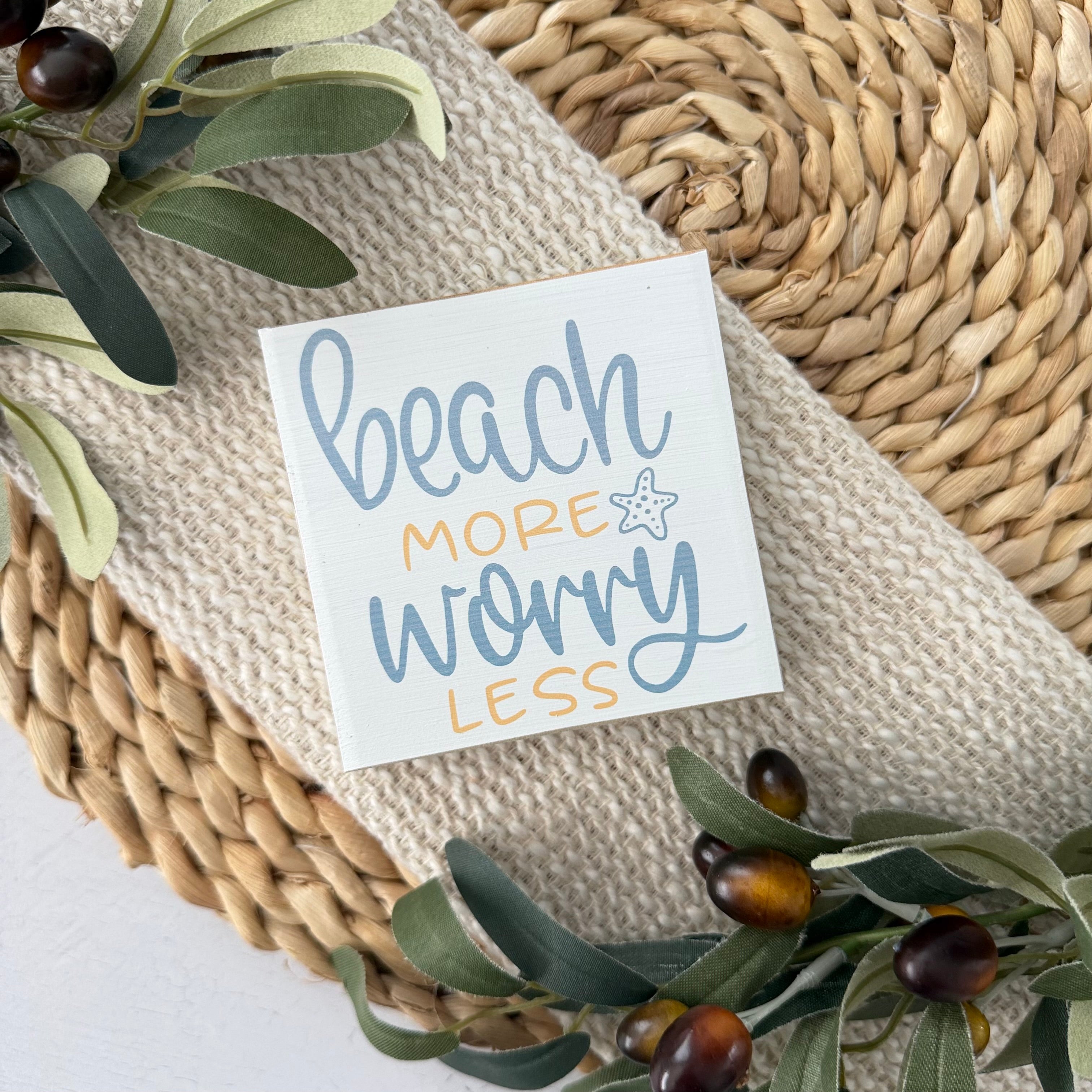Beach More Worry Less Wood Block Sign