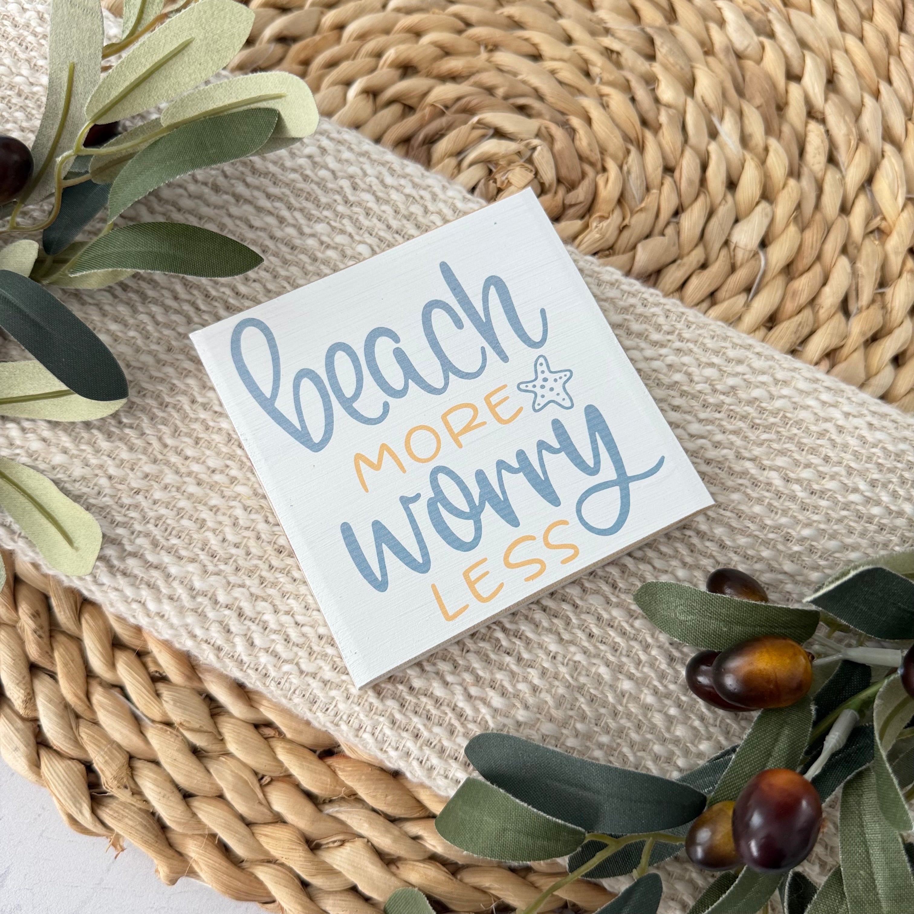 Beach More Worry Less Wood Block Sign