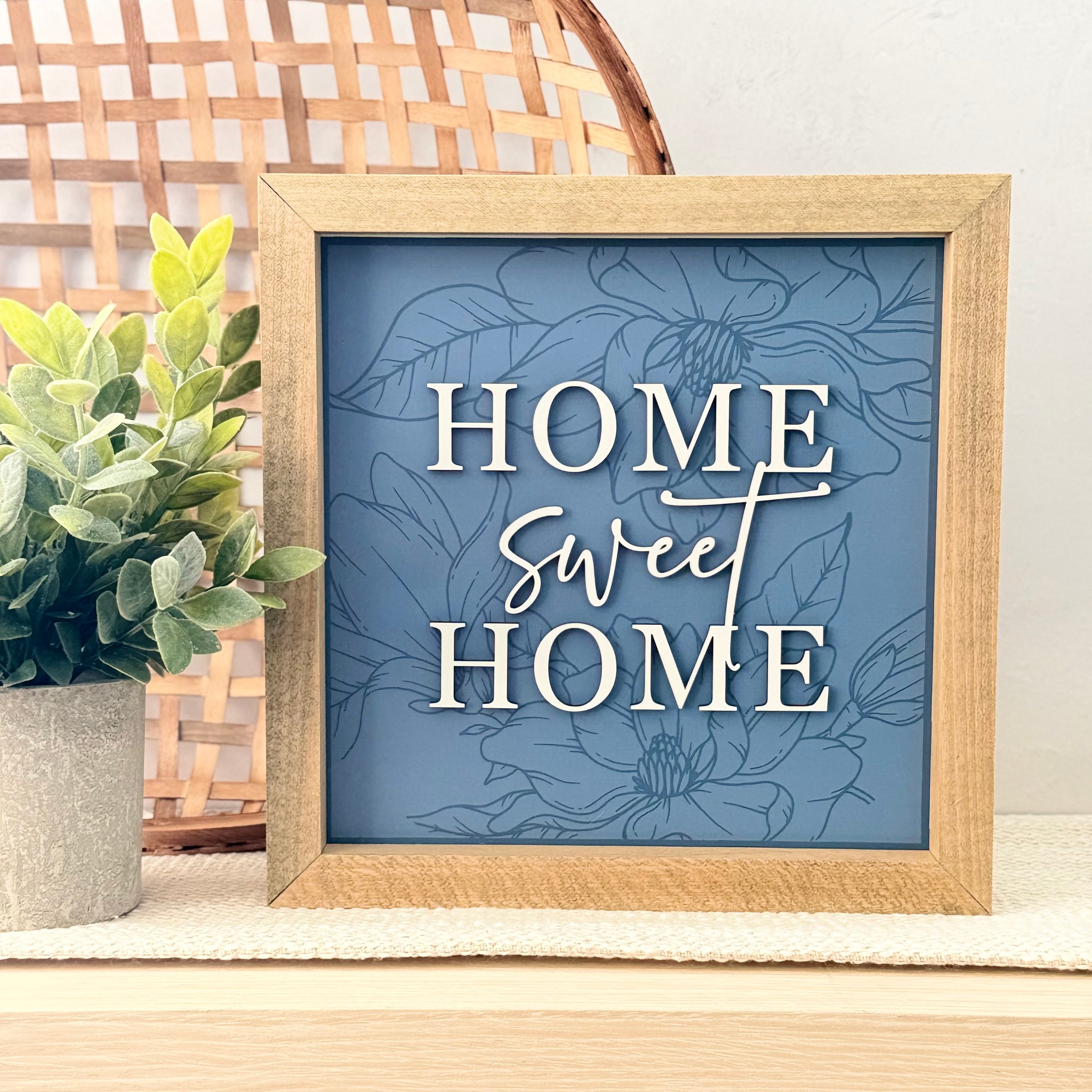 Home Sweet Home Blue Floral Wooden Framed Sign