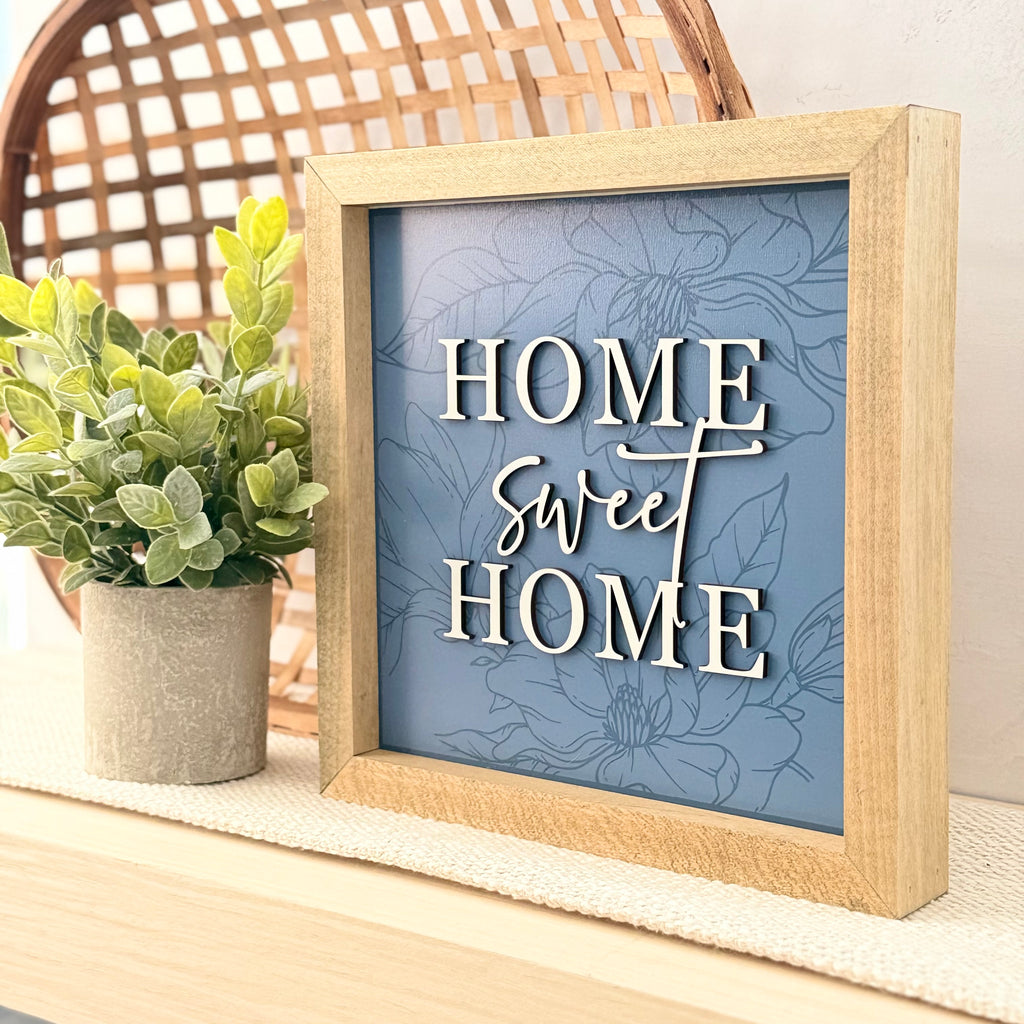 Home Sweet Home Blue Floral Wooden Framed Sign