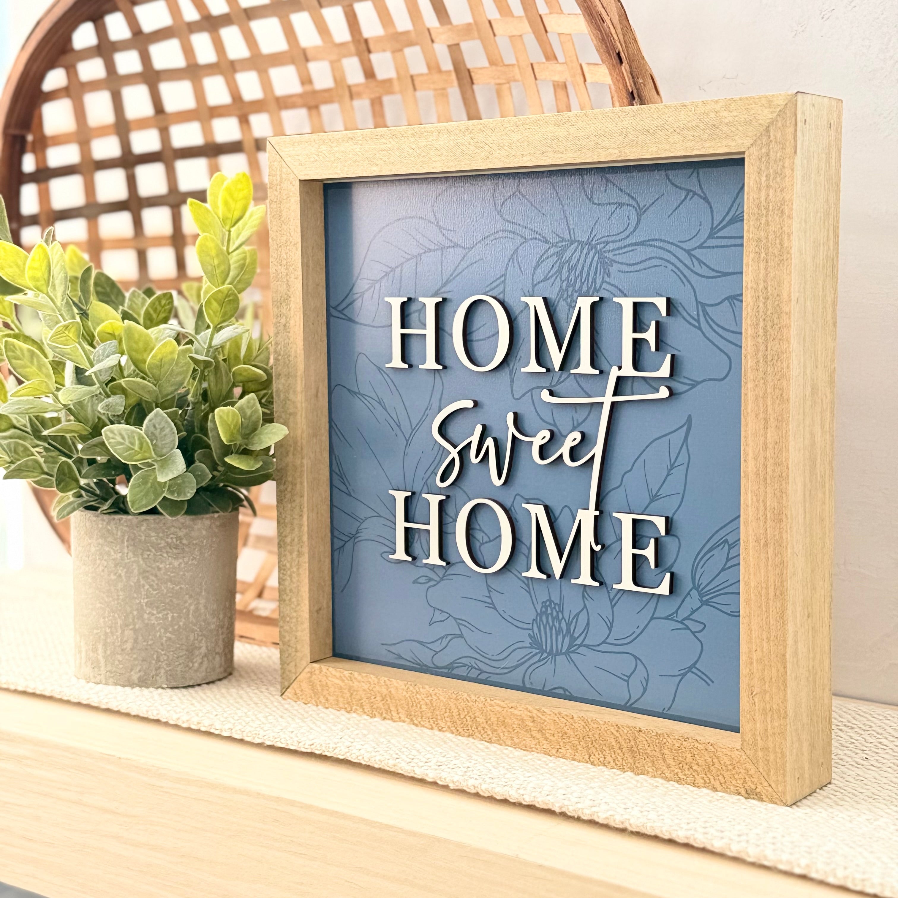 Home Sweet Home Blue Floral Wooden Framed Sign