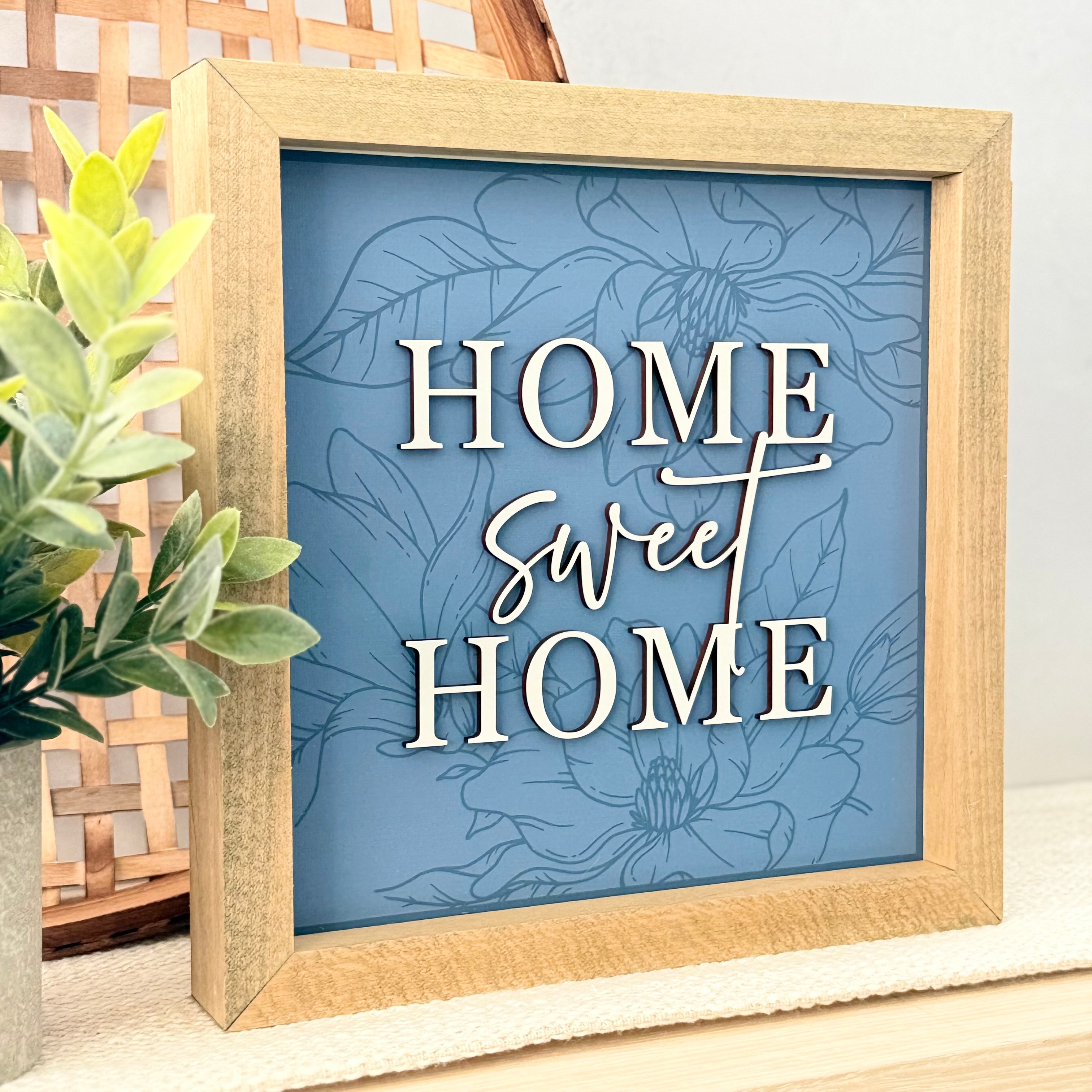 Home Sweet Home Blue Floral Wooden Framed Sign
