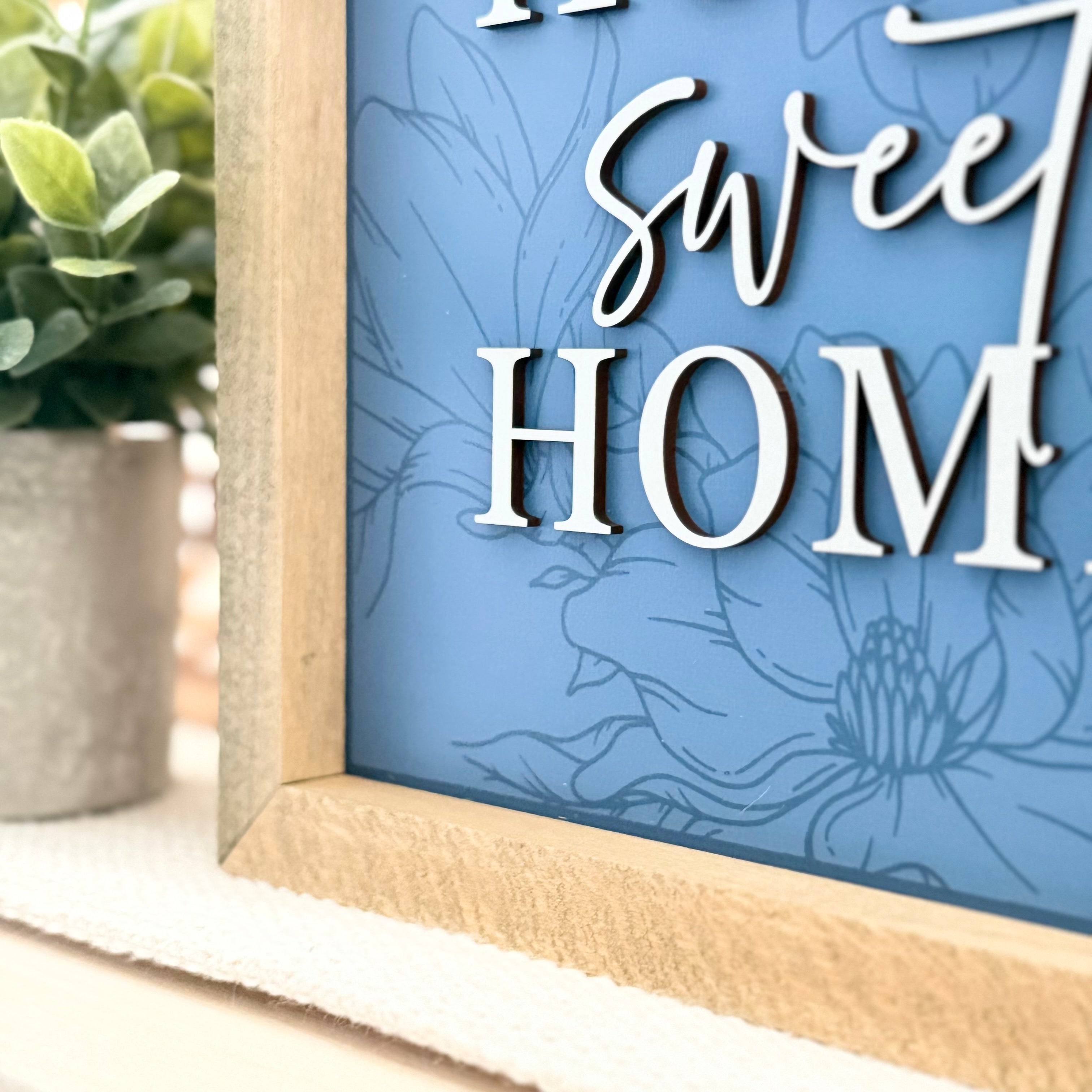 Home Sweet Home Blue Floral Wooden Framed Sign