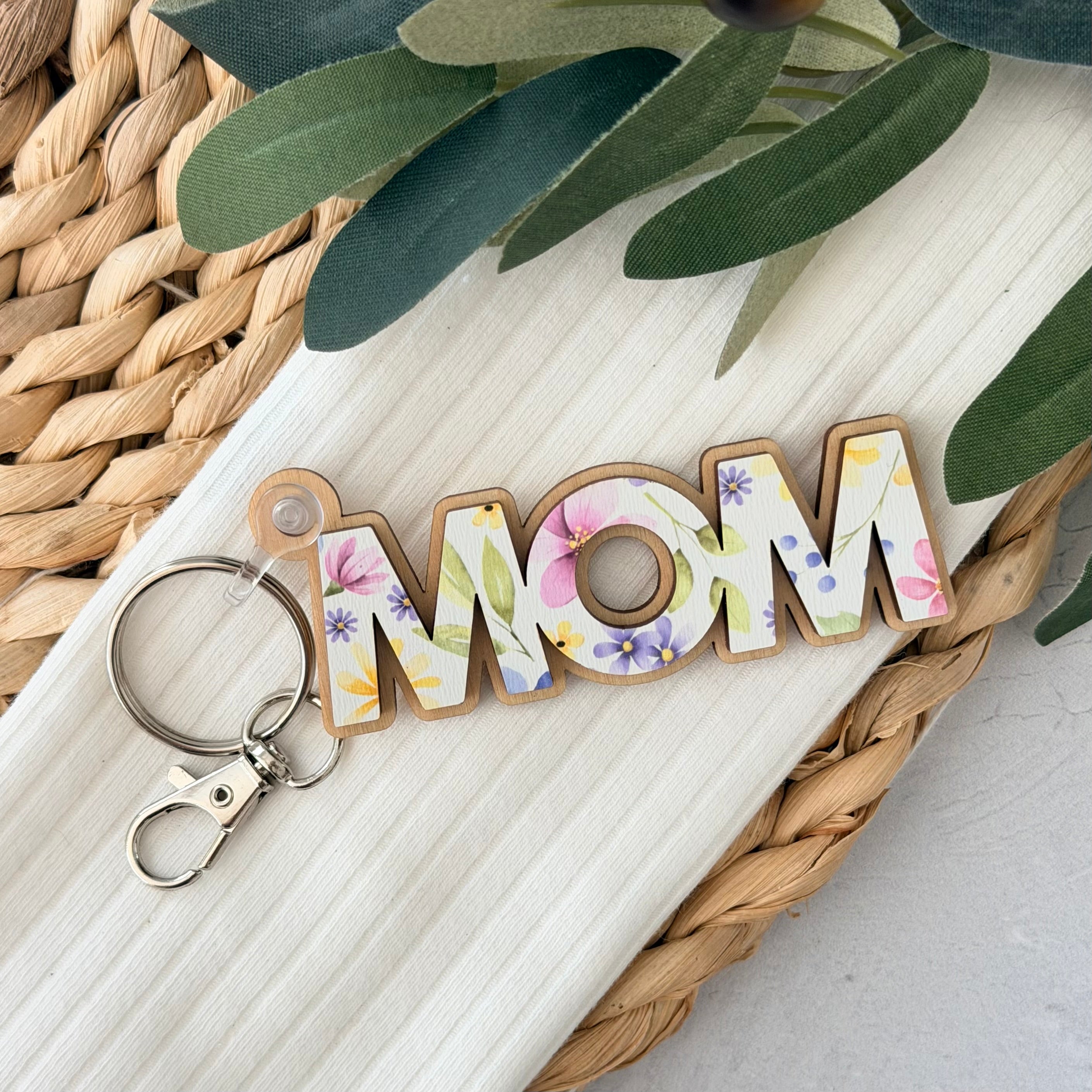 Mom Floral Wooden Keychain