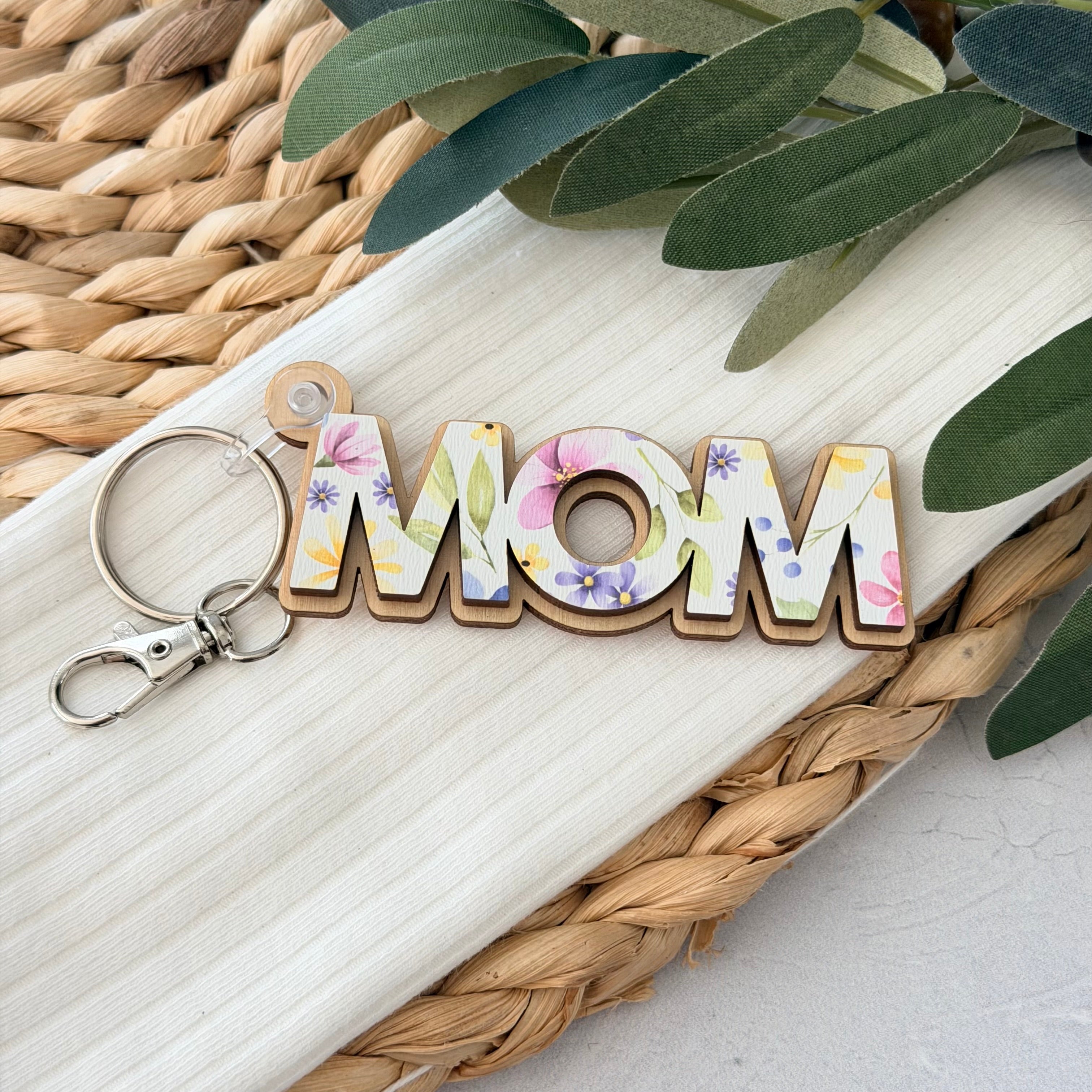Mom Floral Wooden Keychain