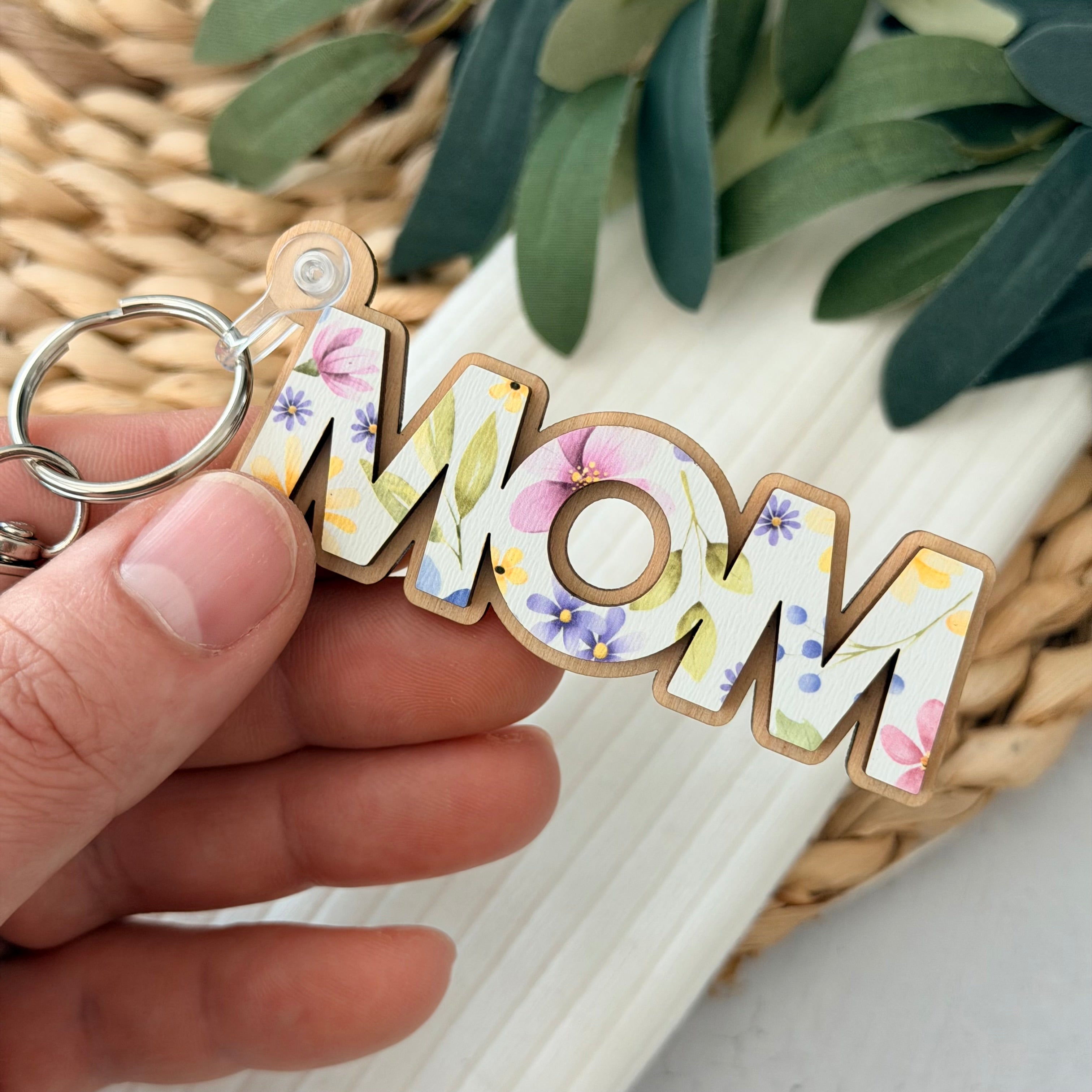 Mom Floral Wooden Keychain