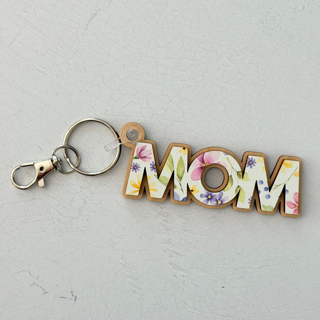 Mom Floral Wooden Keychain