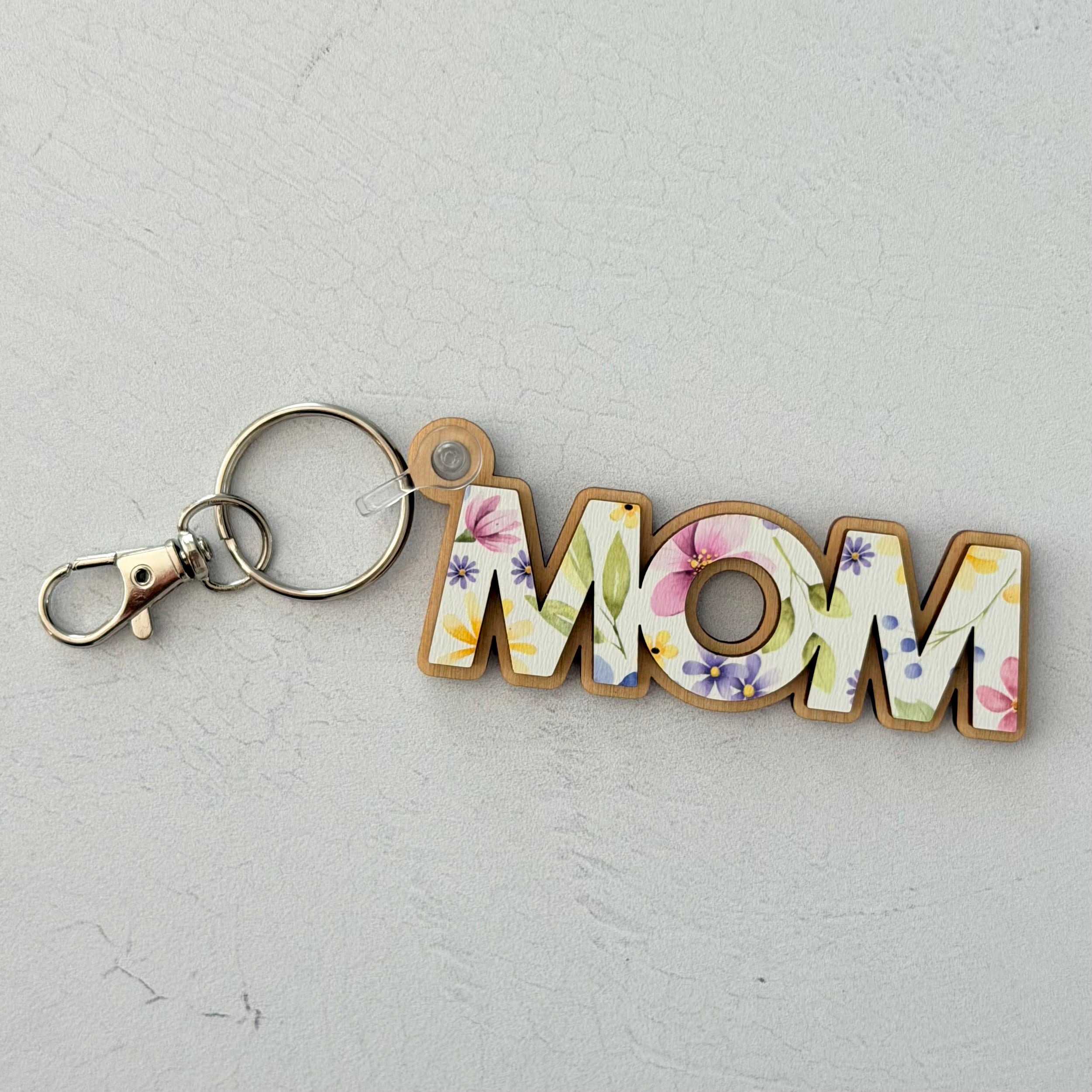 Mom Floral Wooden Keychain