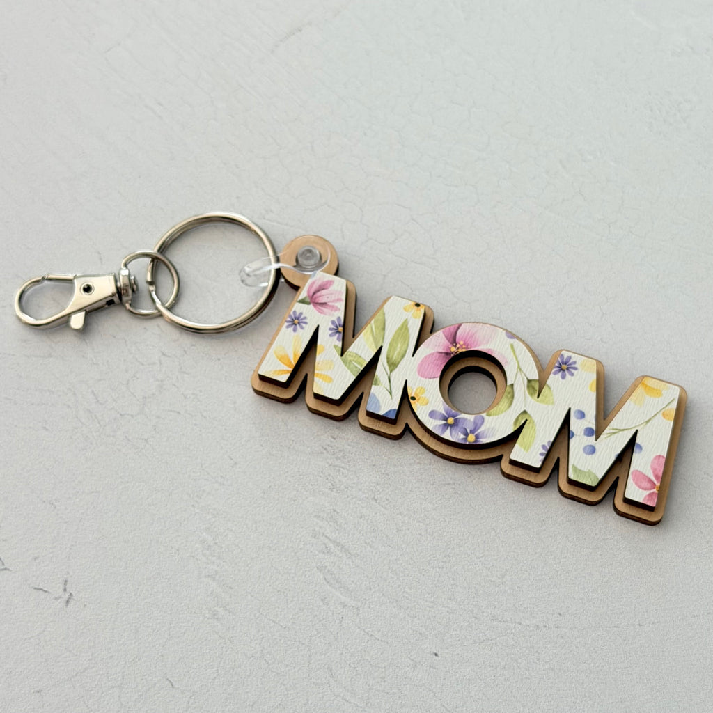 Mom Floral Wooden Keychain