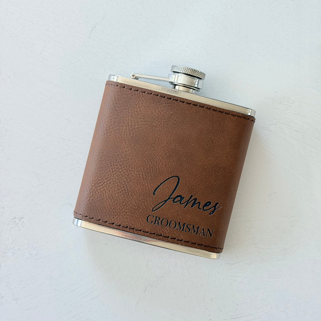 Personalized Engraved Leather Groomsman Flask
