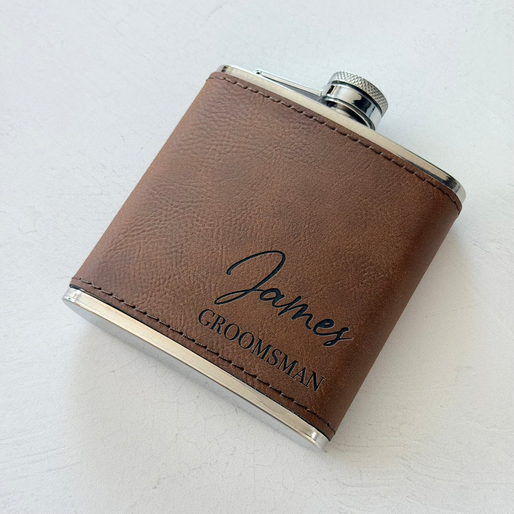 Personalized Engraved Leather Groomsman Flask