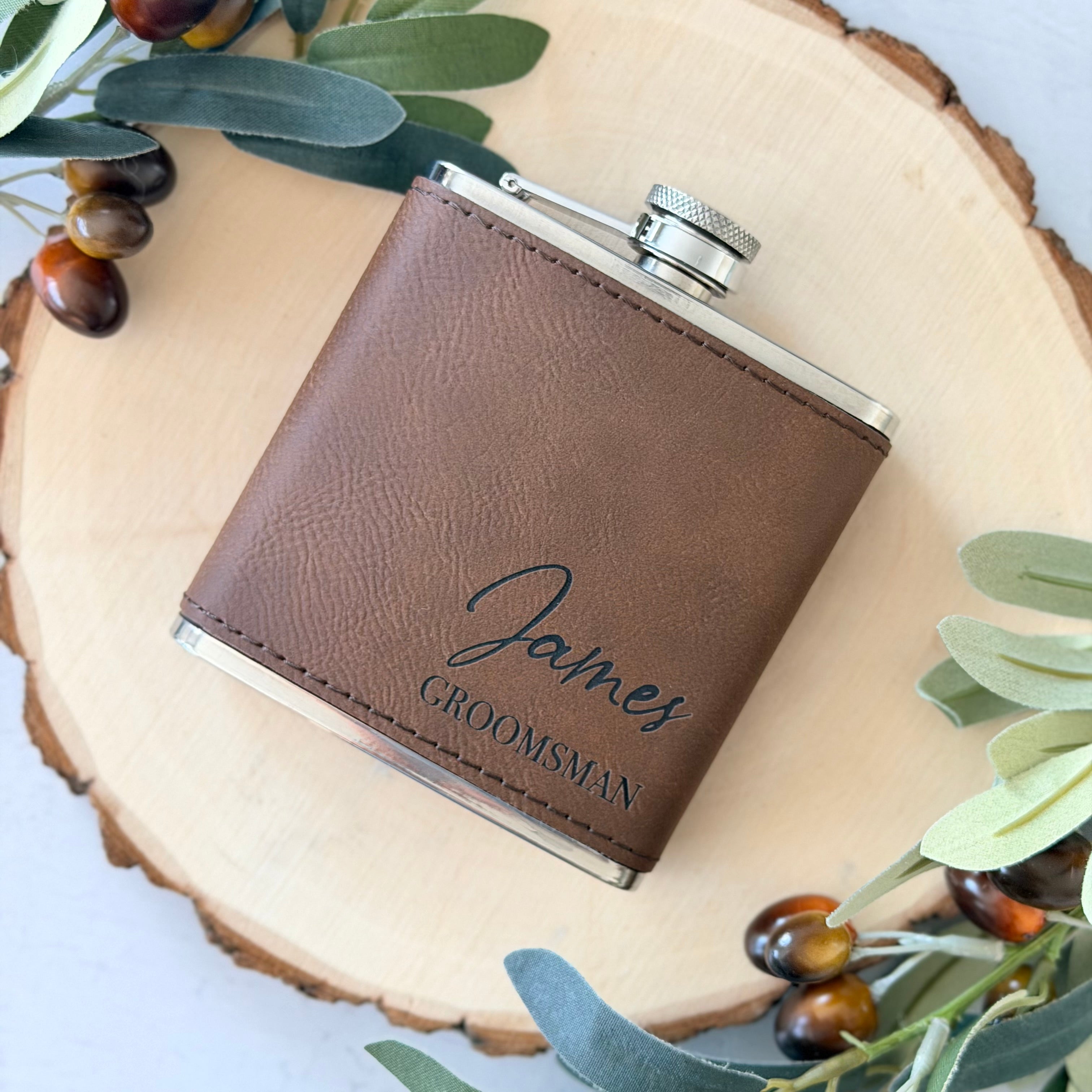 Personalized Engraved Leather Groomsman Flask