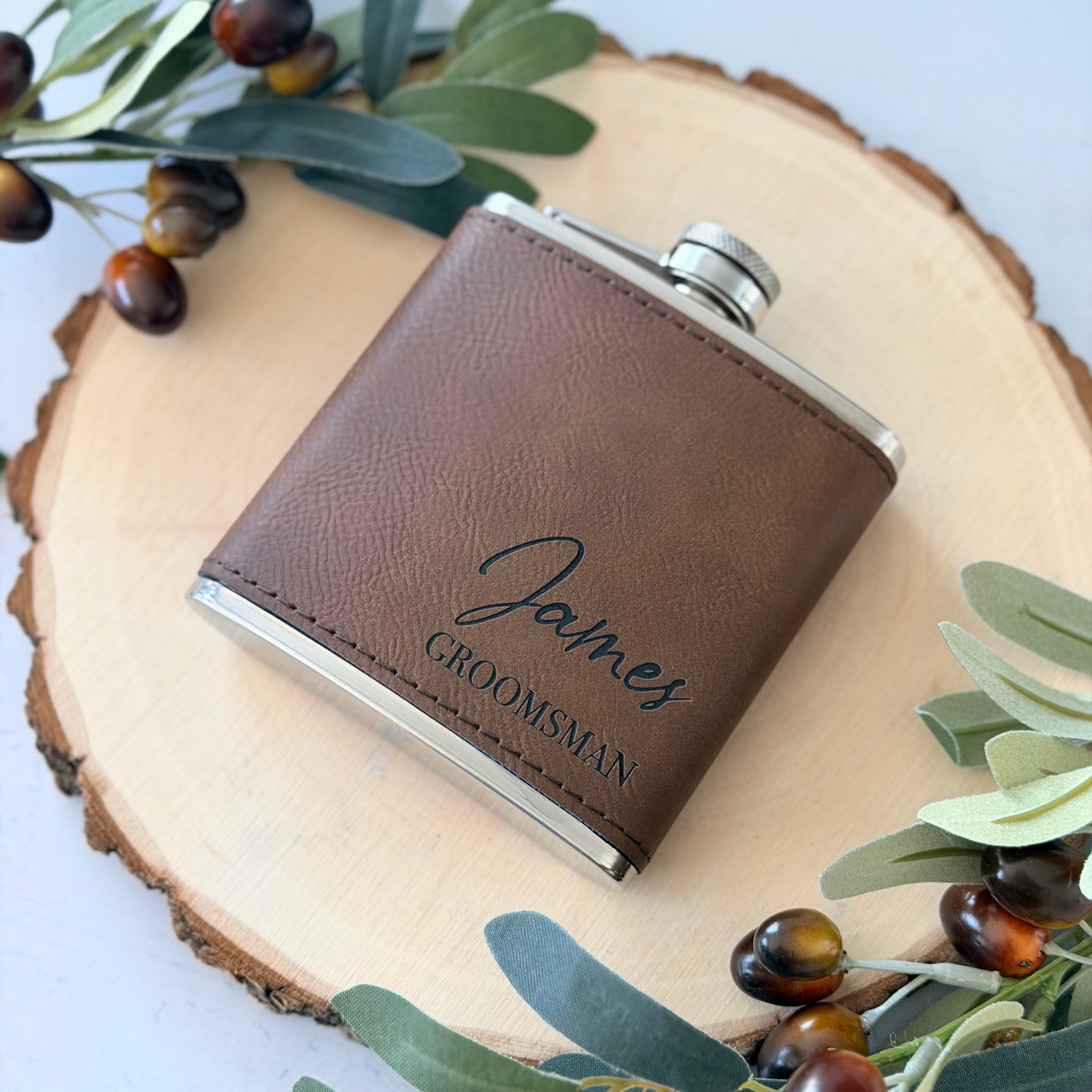 Personalized Engraved Leather Groomsman Flask