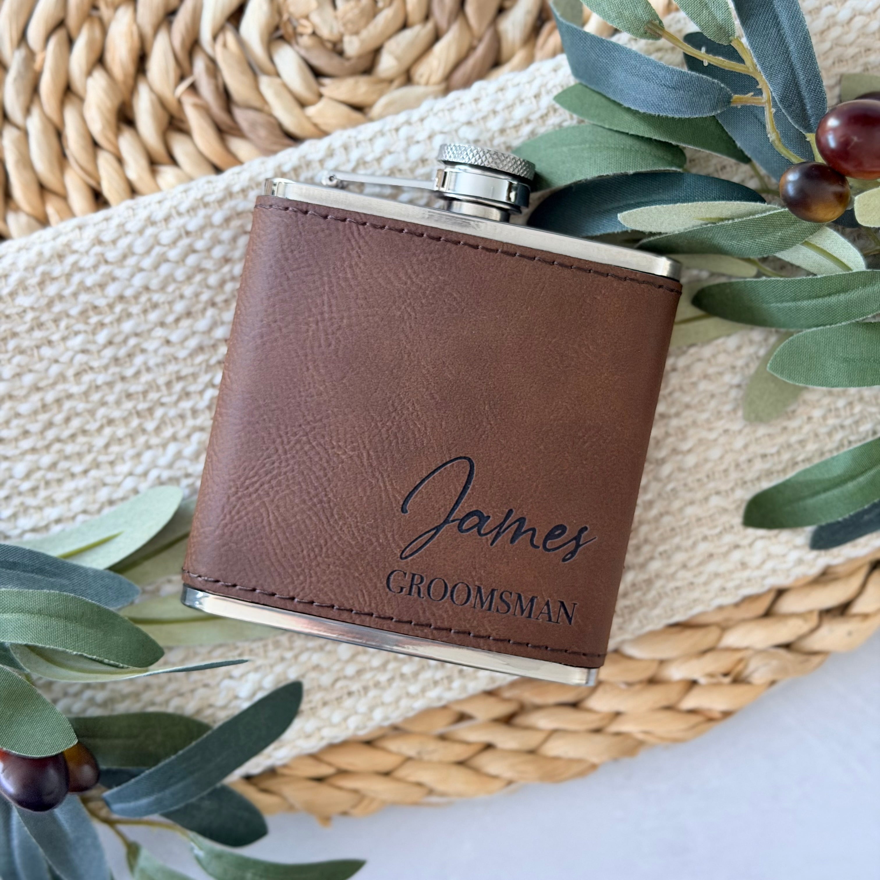 Personalized Engraved Leather Groomsman Flask