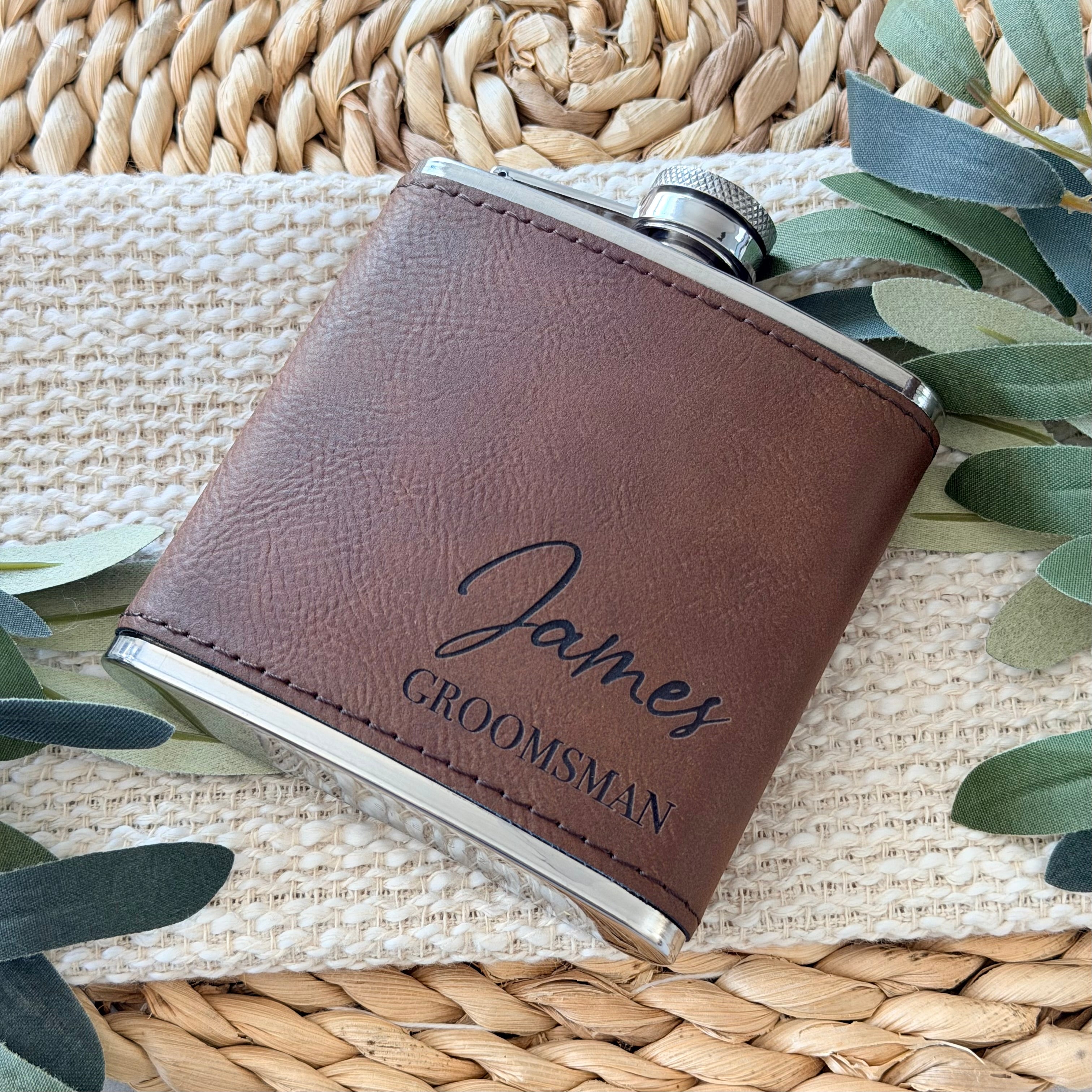 Personalized Engraved Leather Groomsman Flask