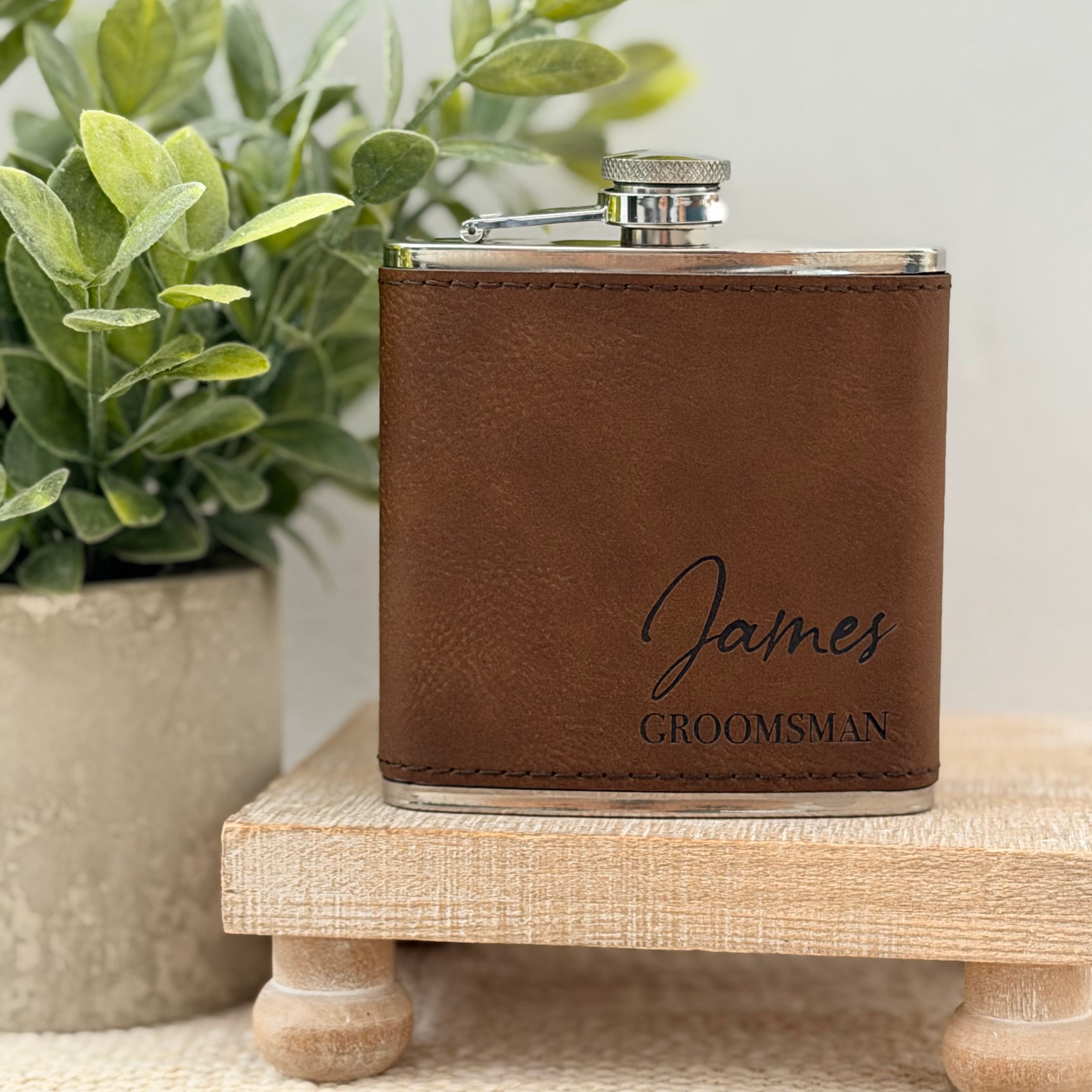 Personalized Engraved Leather Groomsman Flask