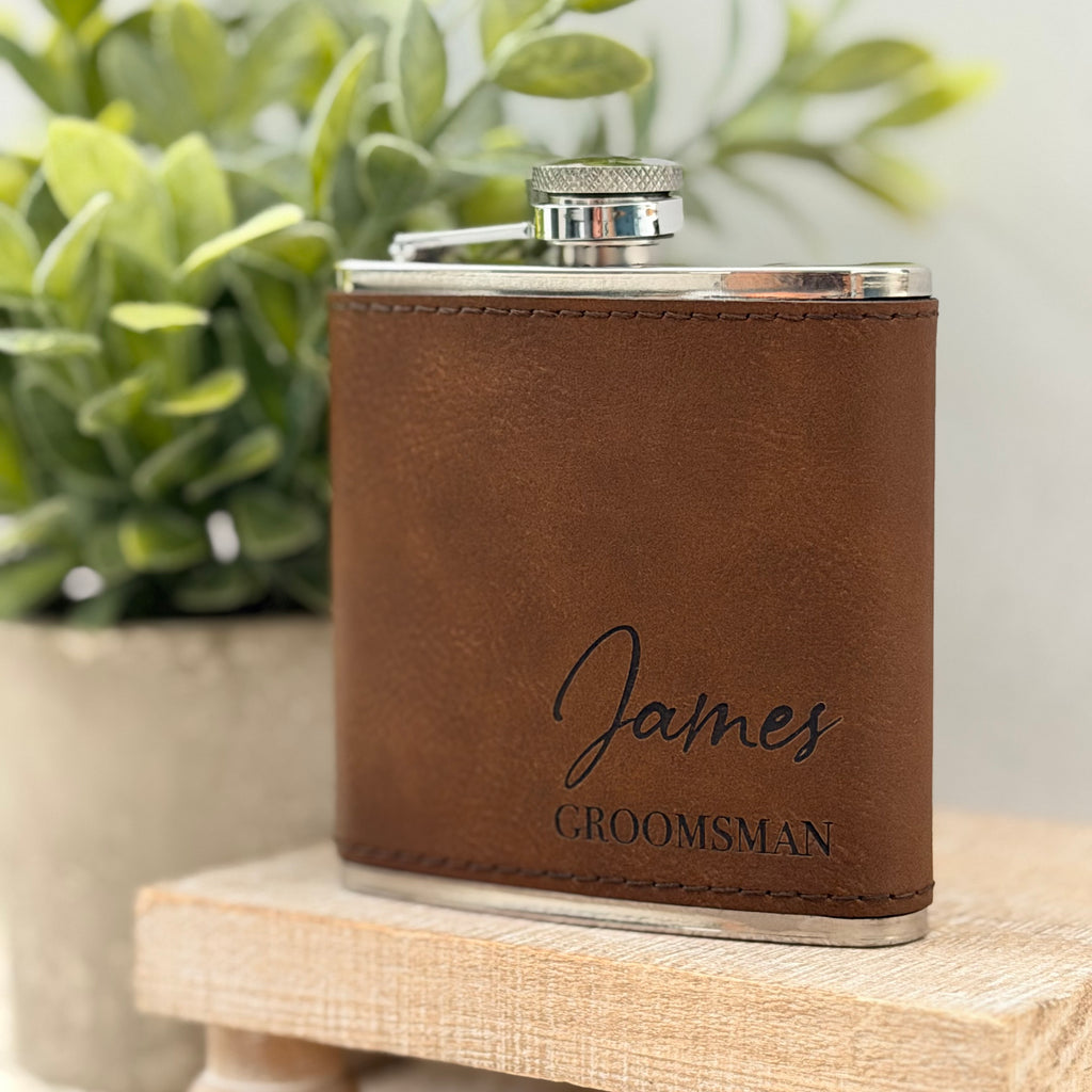 Personalized Engraved Leather Groomsman Flask