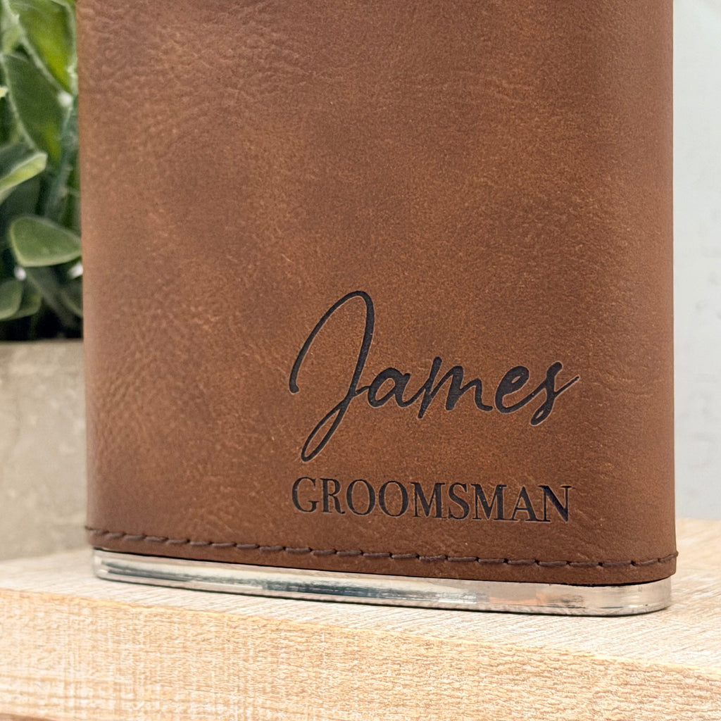 Personalized Engraved Leather Groomsman Flask