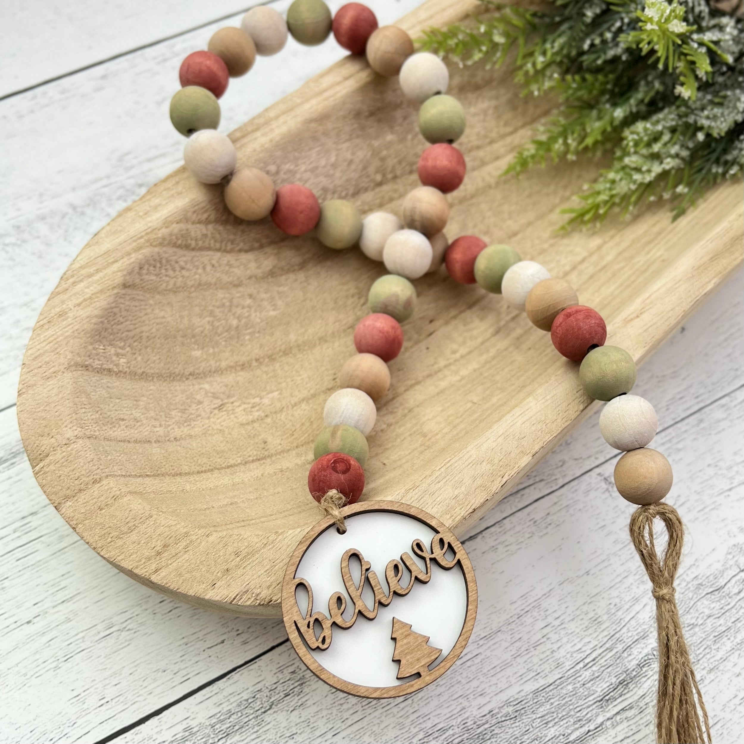 Country Christmas Themed Wooden Bead Garland