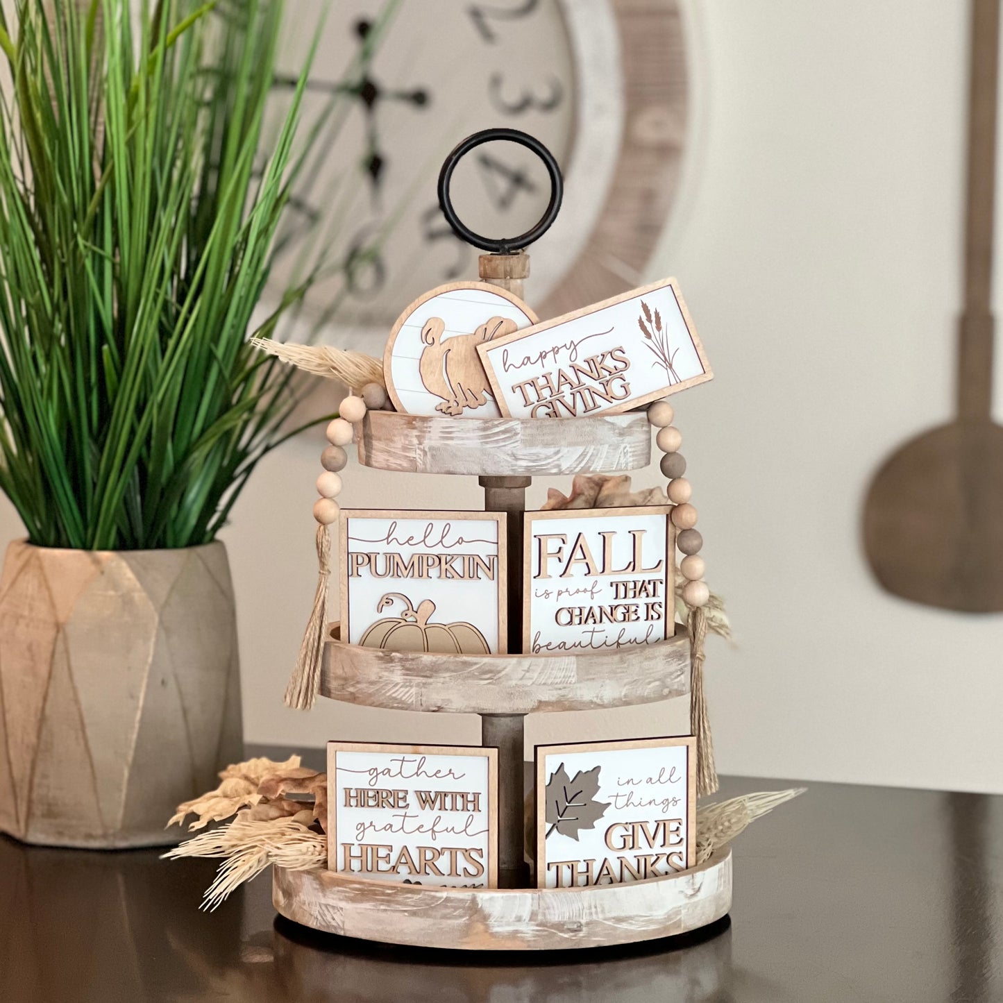 Neutral Thanksgiving Themed Tiered Tray Decor Bundle