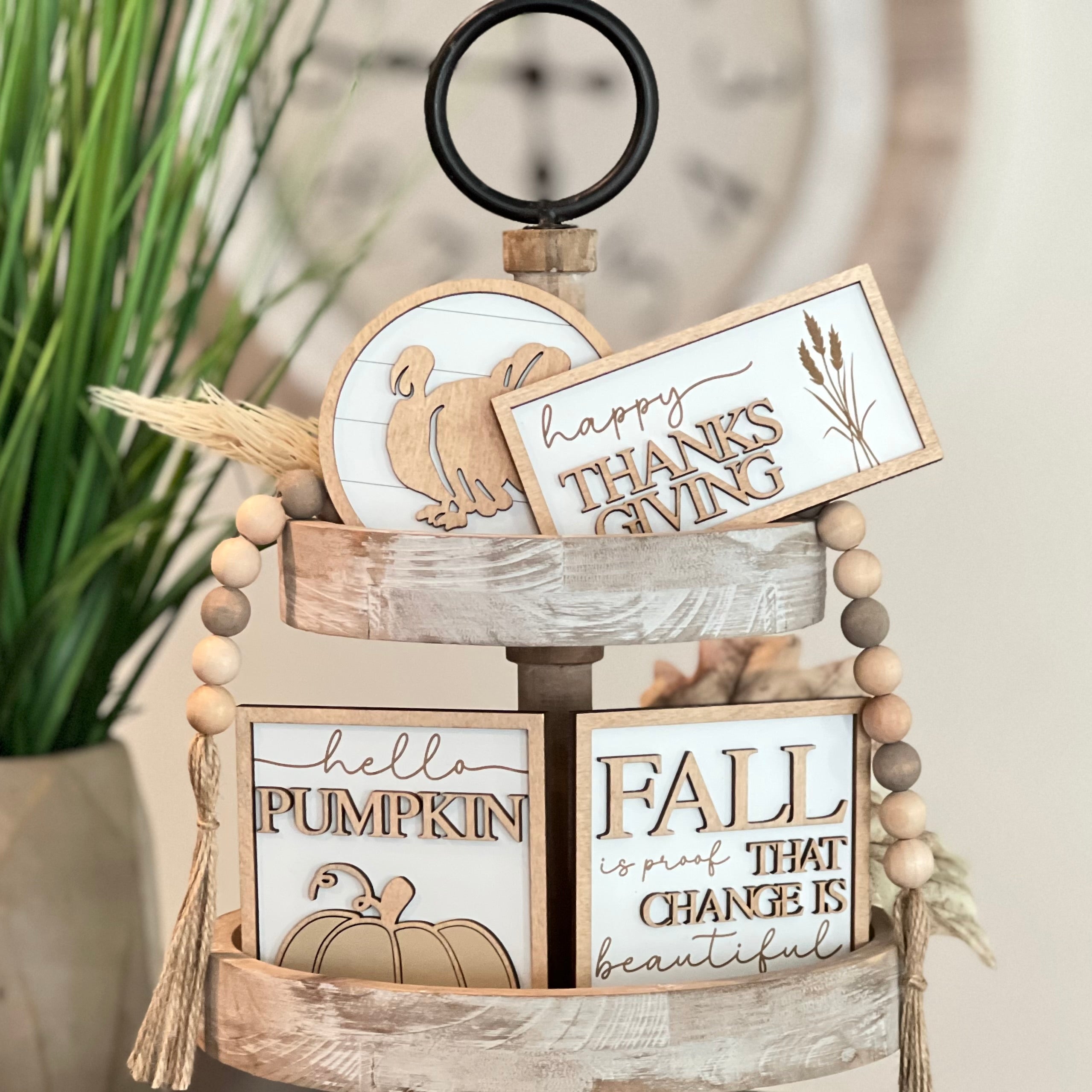 Neutral Thanksgiving Themed Tiered Tray Decor Bundle