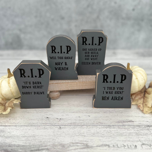 Chunky Wooden Funny Tombstone Shelf Sitters