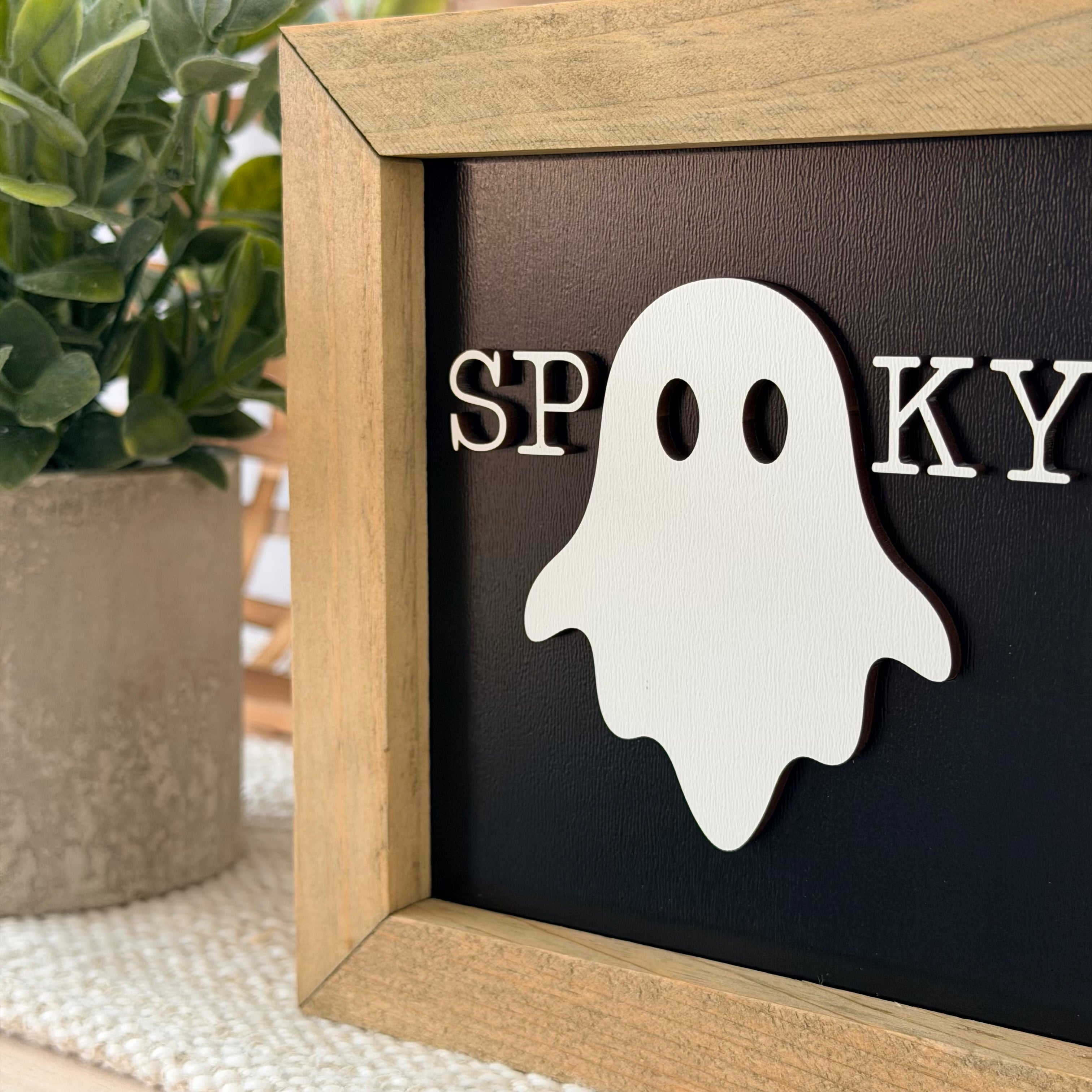 Spooky Ghost Halloween Wooden Framed Sign