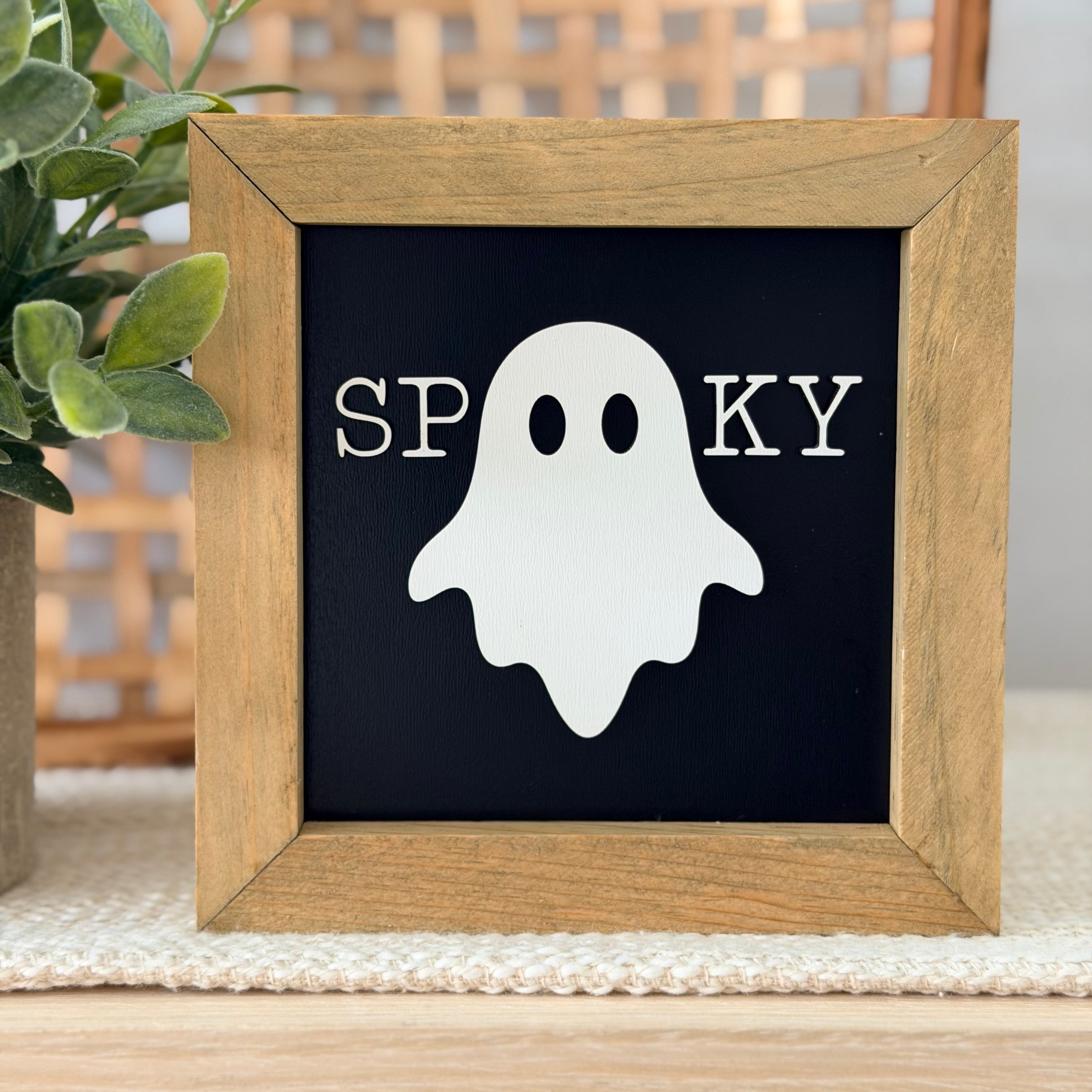 Spooky Ghost Halloween Wooden Framed Sign