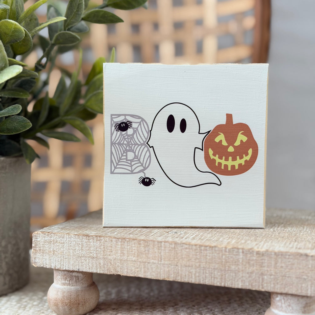 Boo Ghost Halloween Wood Block Sign