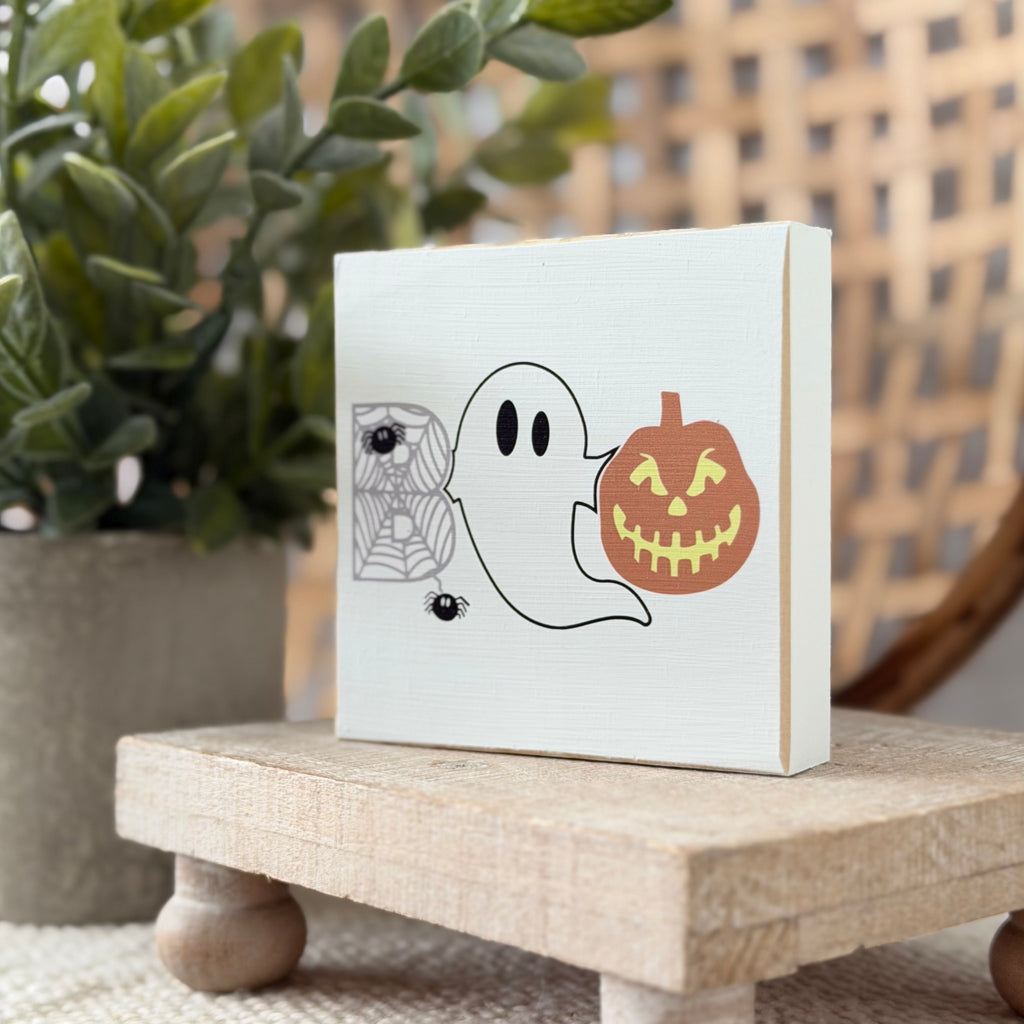 Boo Ghost Halloween Wood Block Sign