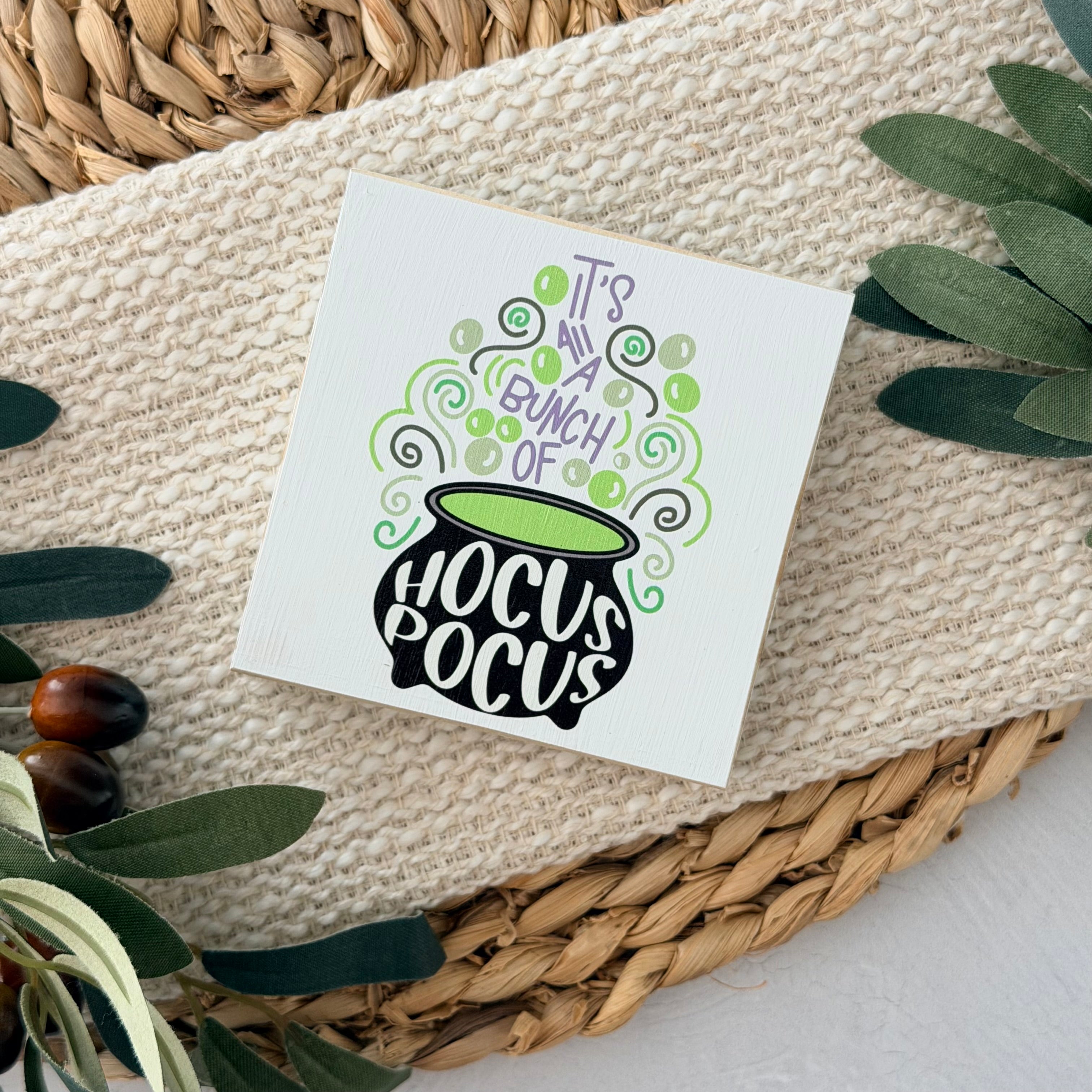 Witch Cauldron Halloween Wood Block Sign