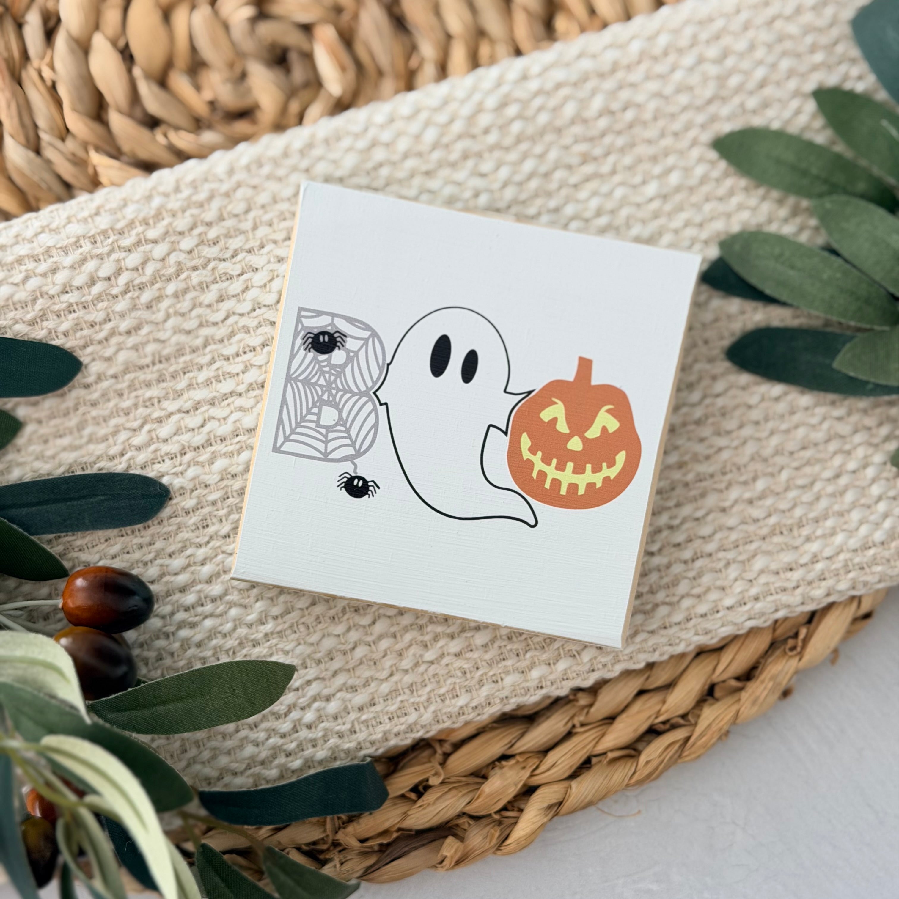 Boo Ghost Halloween Wood Block Sign