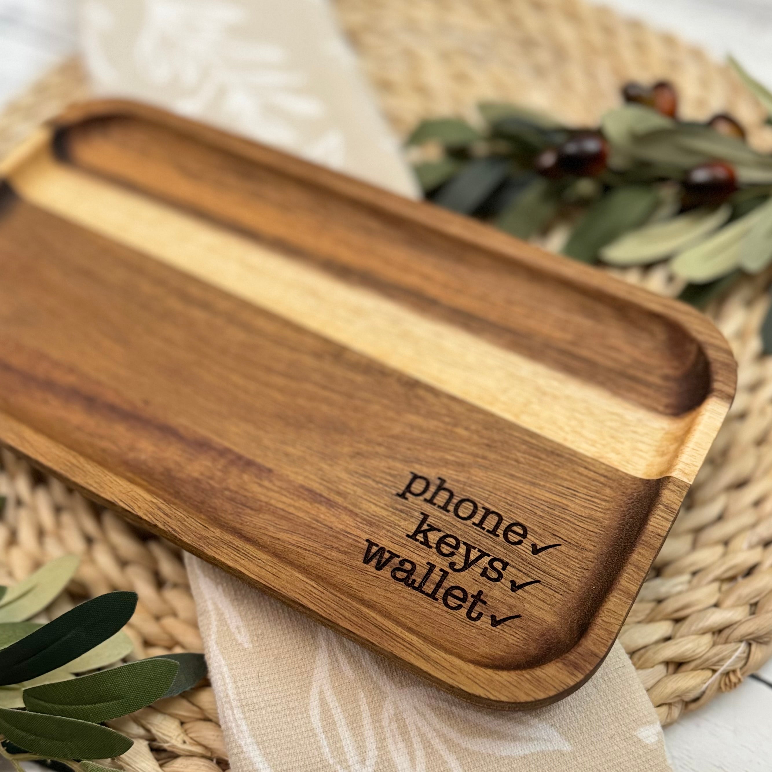 Acacia Wood Engraved Valet Tray | Wood Catch All Tray