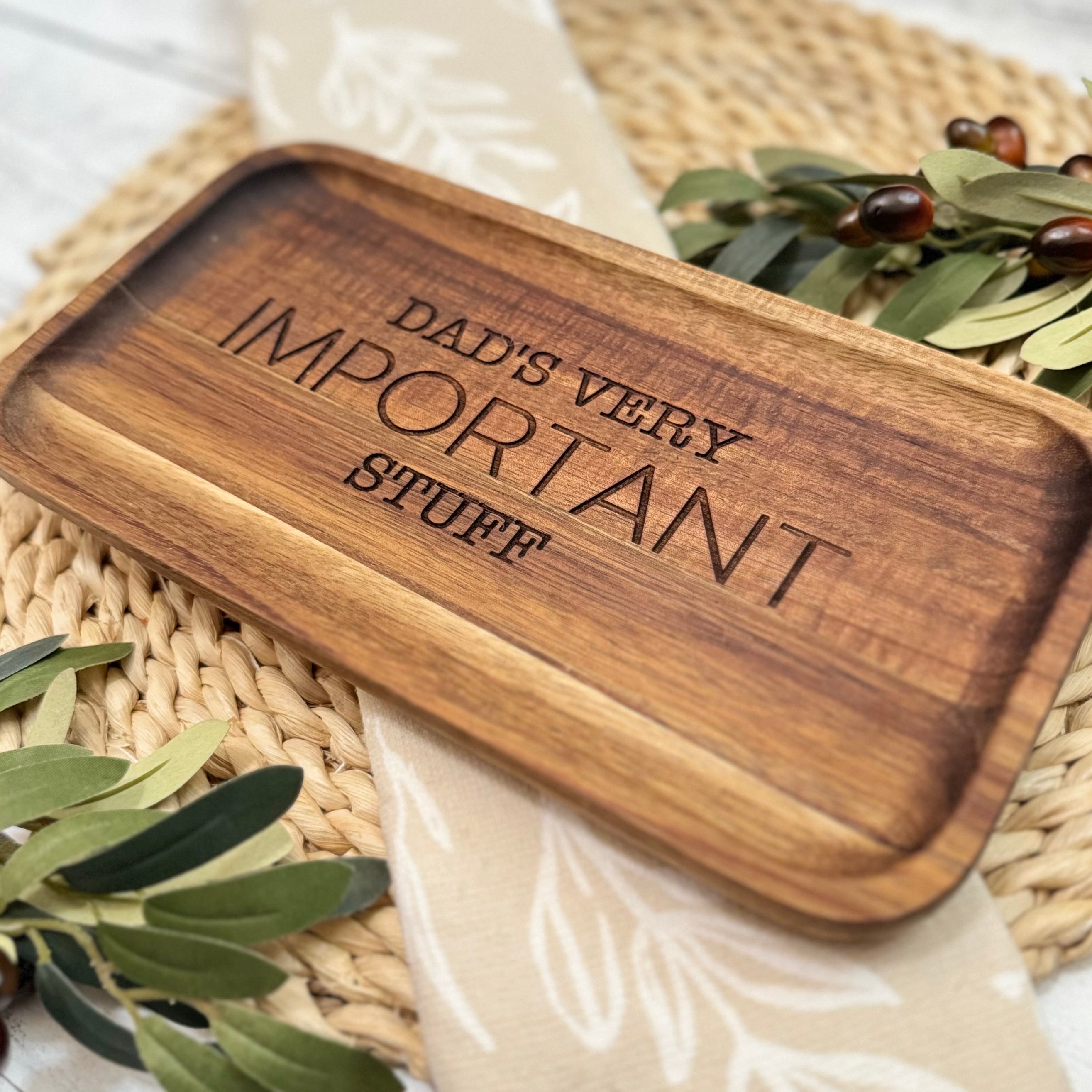 Acacia Wood Engraved Valet Tray | Wood Catch All Tray
