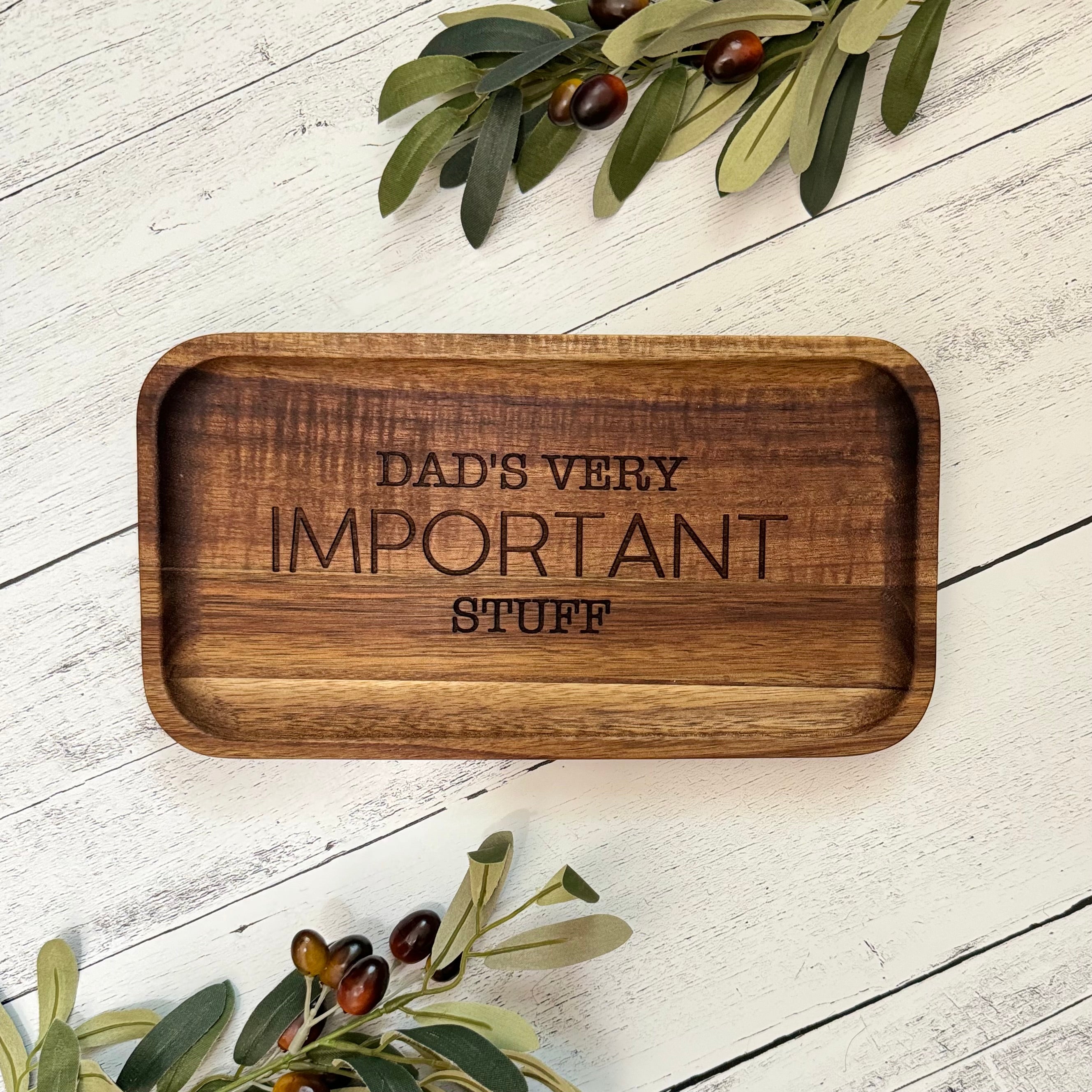 Acacia Wood Engraved Valet Tray | Wood Catch All Tray
