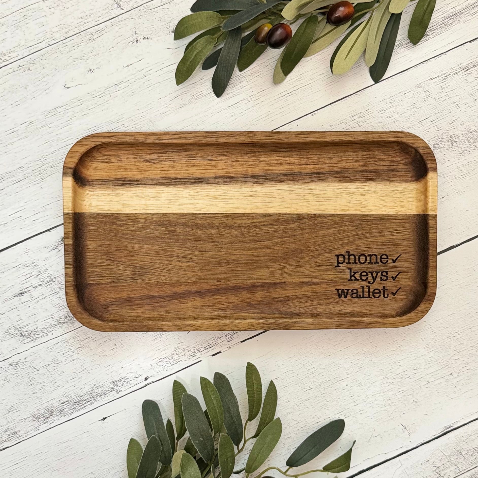 Acacia Wood Engraved Valet Tray | Wood Catch All Tray