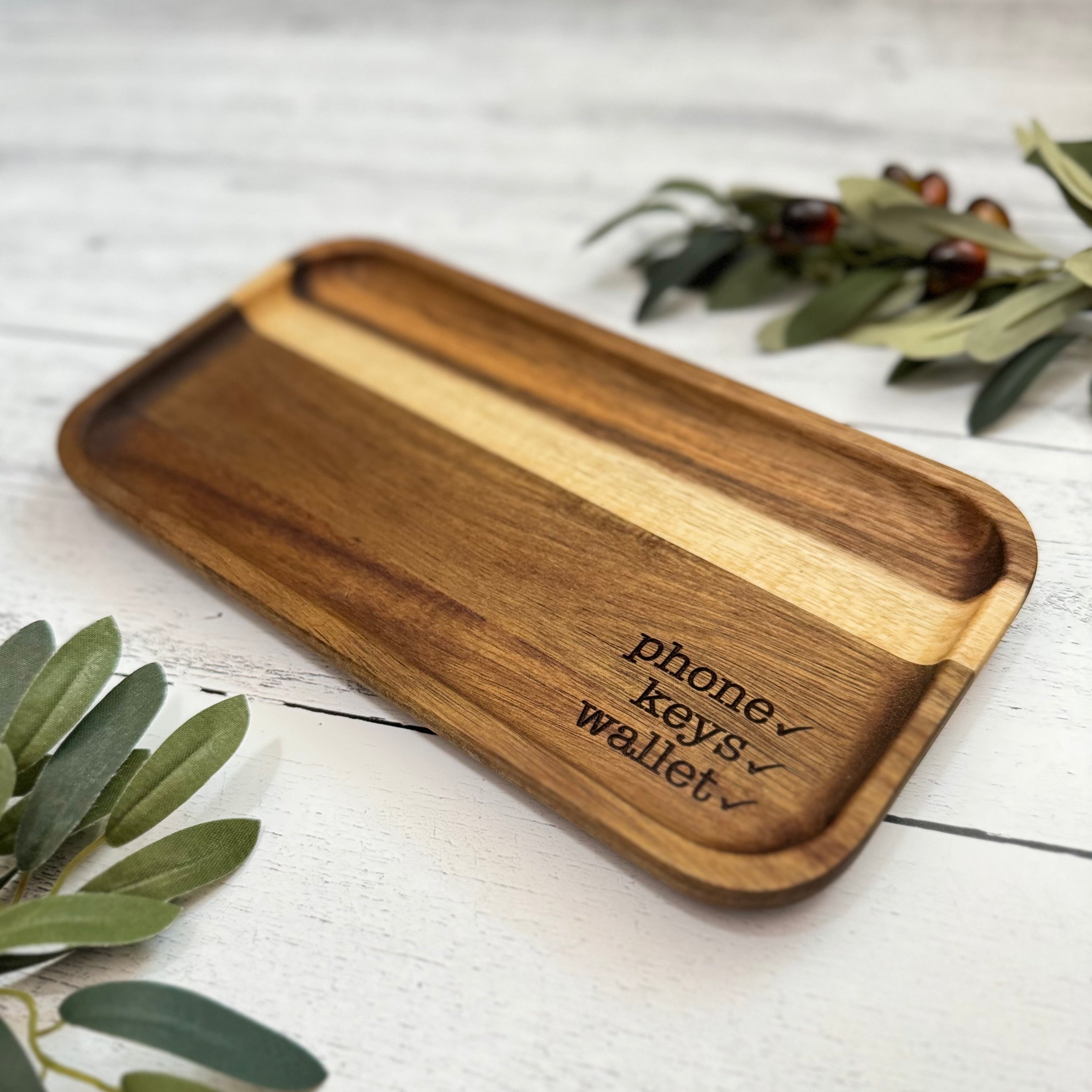 Acacia Wood Engraved Valet Tray | Wood Catch All Tray