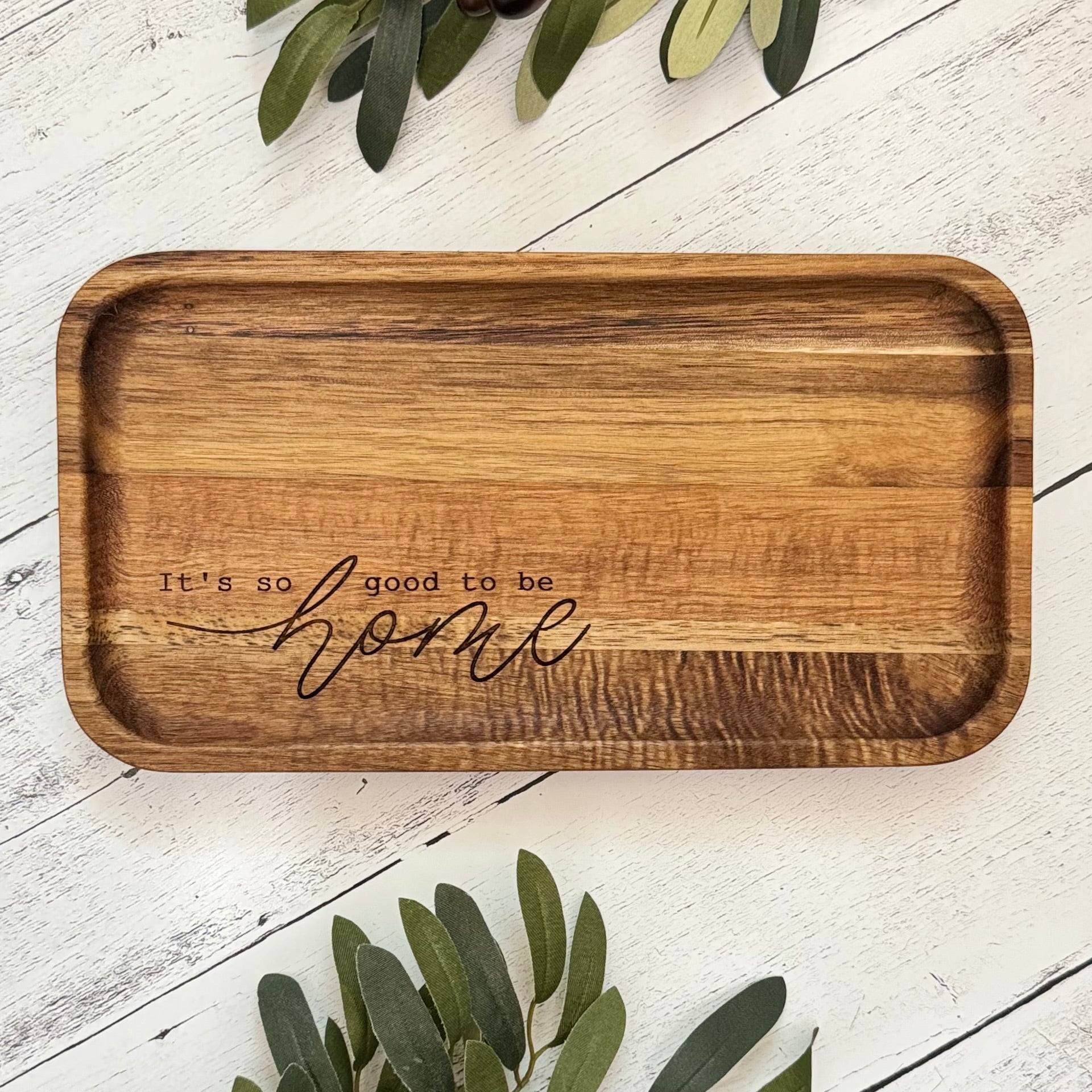 Acacia Wood Engraved Valet Tray | Wood Catch All Tray