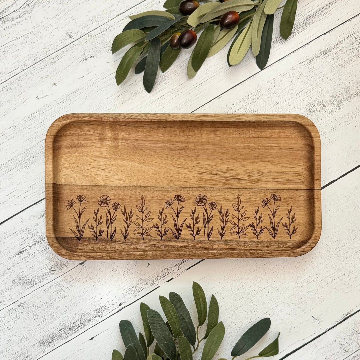 Acacia Wood Engraved Valet Tray | Wood Catch All Tray