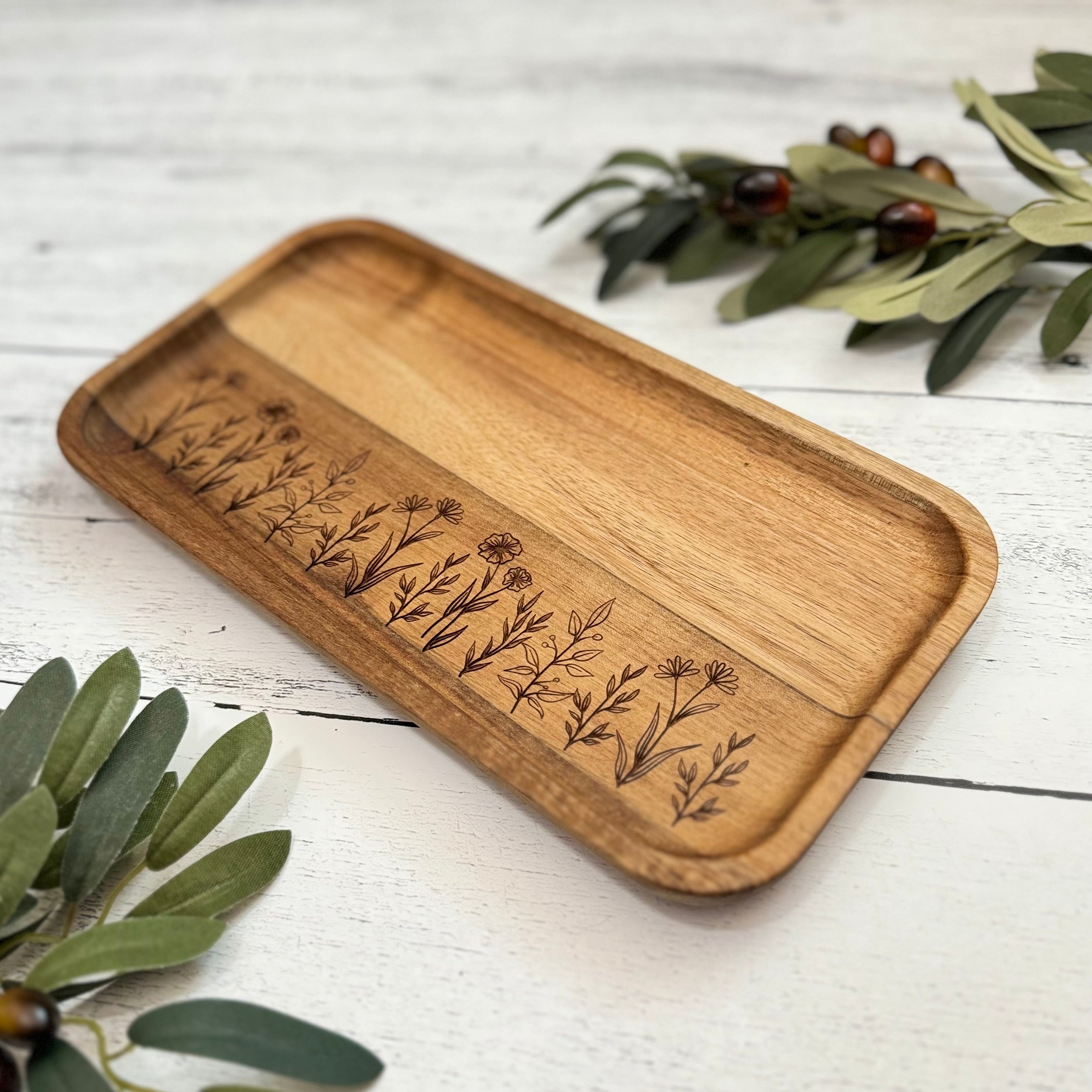 Acacia Wood Engraved Valet Tray | Wood Catch All Tray