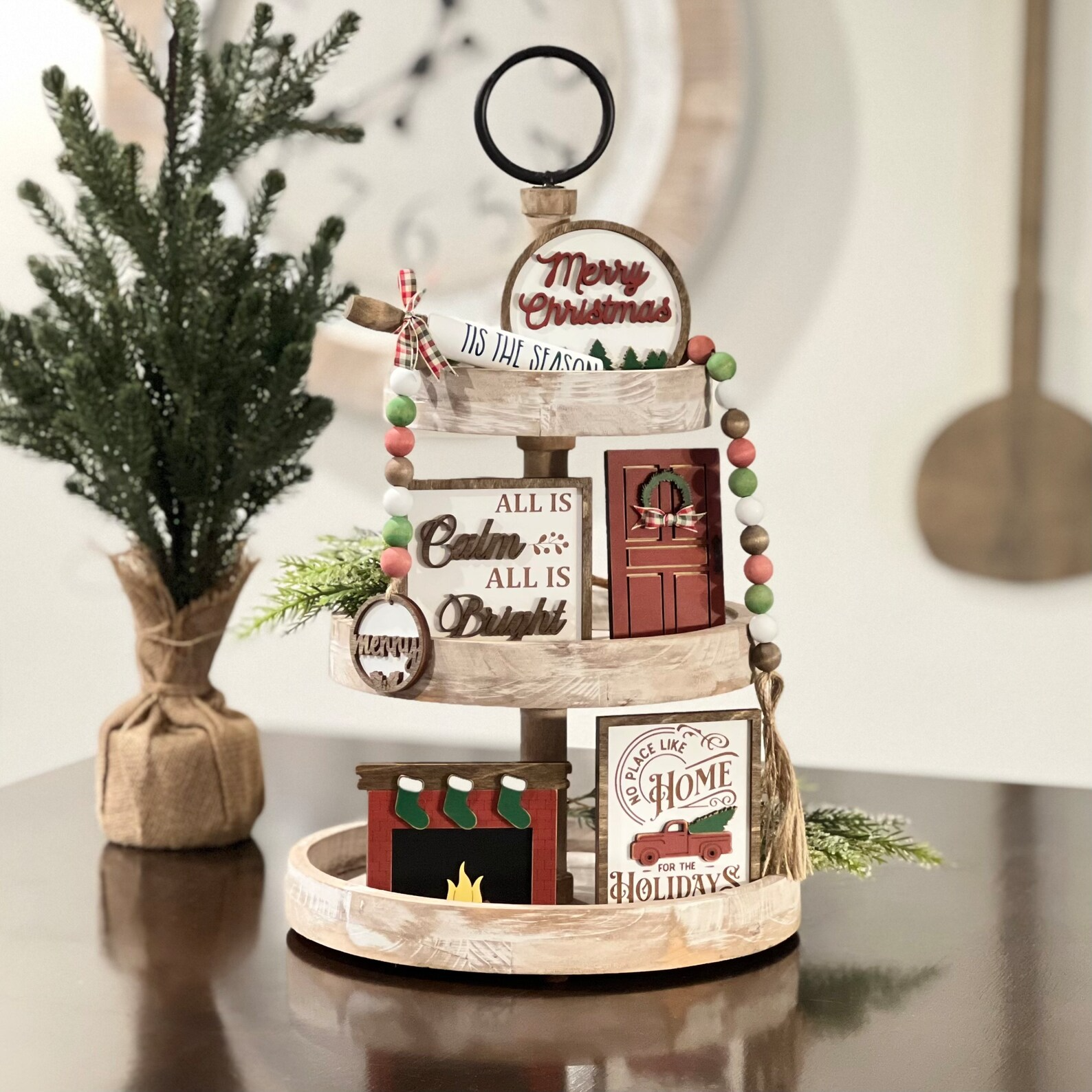 Rustic Christmas Themed Wooden Bead Garland