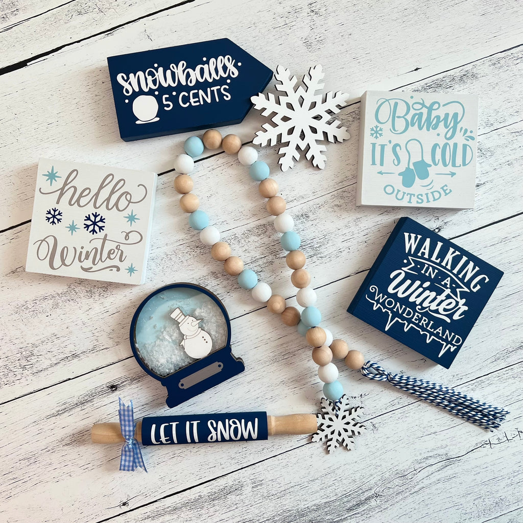 Winter-Snow Themed Tiered Tray Decor Bundle