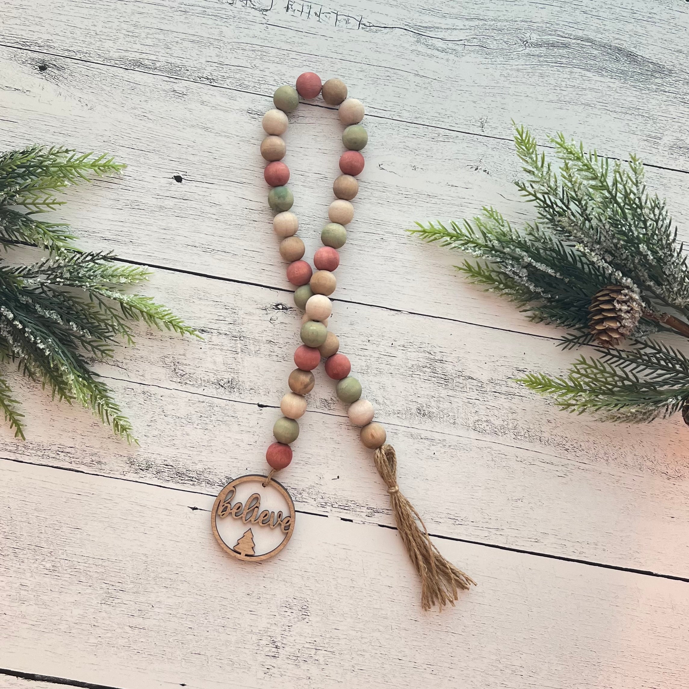 Country Christmas Themed Wooden Bead Garland