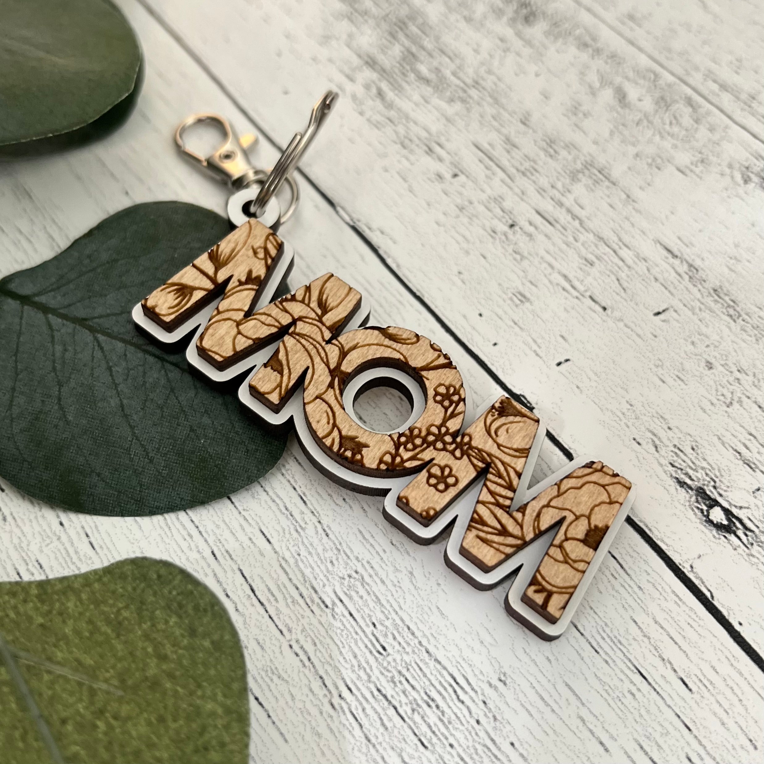 Engraved Floral Mom Keychain
